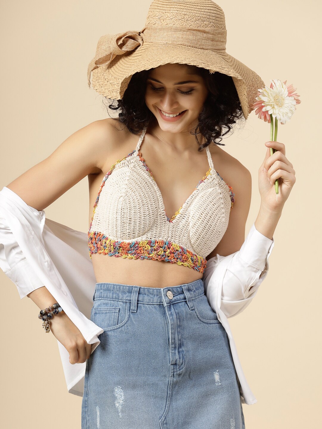 

Velvery Cotton Crochet Bralette Crop Top, Off white