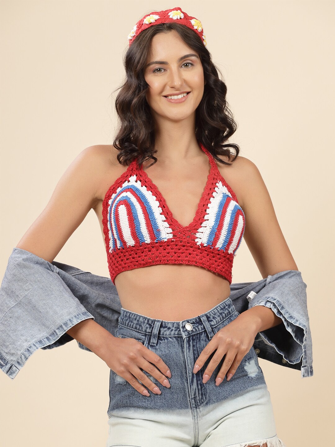 

Velvery Self Design Halter Neck Crochet Cotton Bralette Beach Top, Red