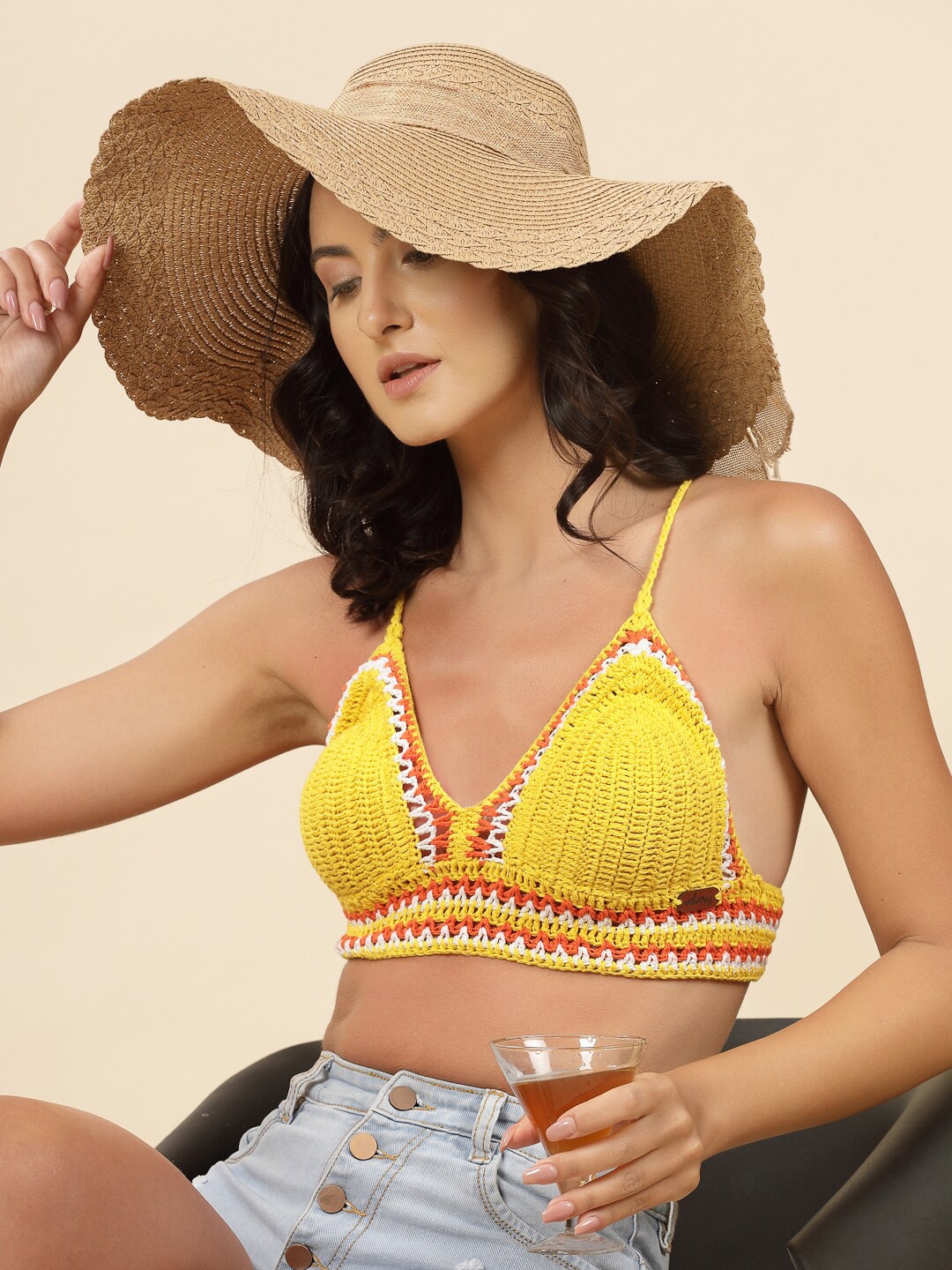 

Velvery Cotton Crochet Bralette Crop Top, Yellow