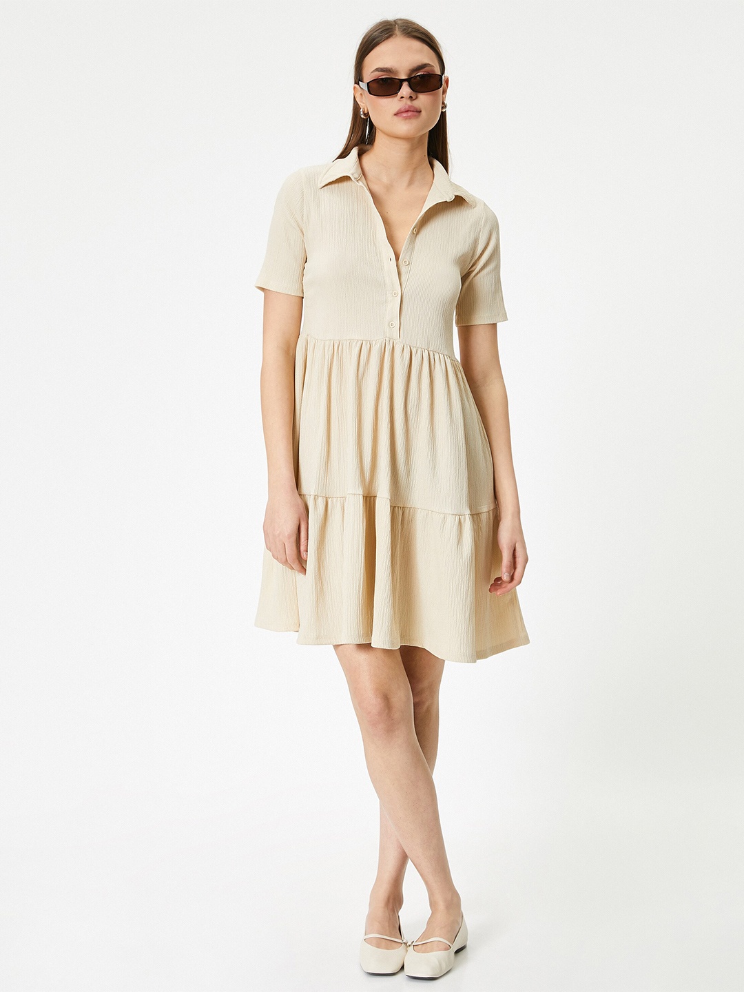 

Koton Shirt Collar Short Sleeves Tiered A-Line Dress, Beige
