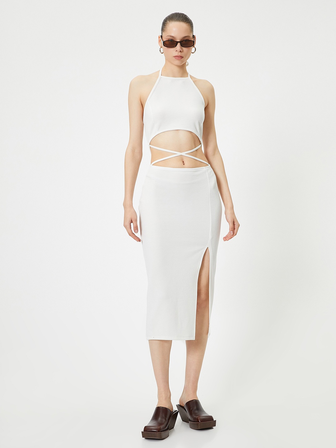 

Koton Textured Tie Up Neck Sleeveless Bodycon Midi Dress, Beige