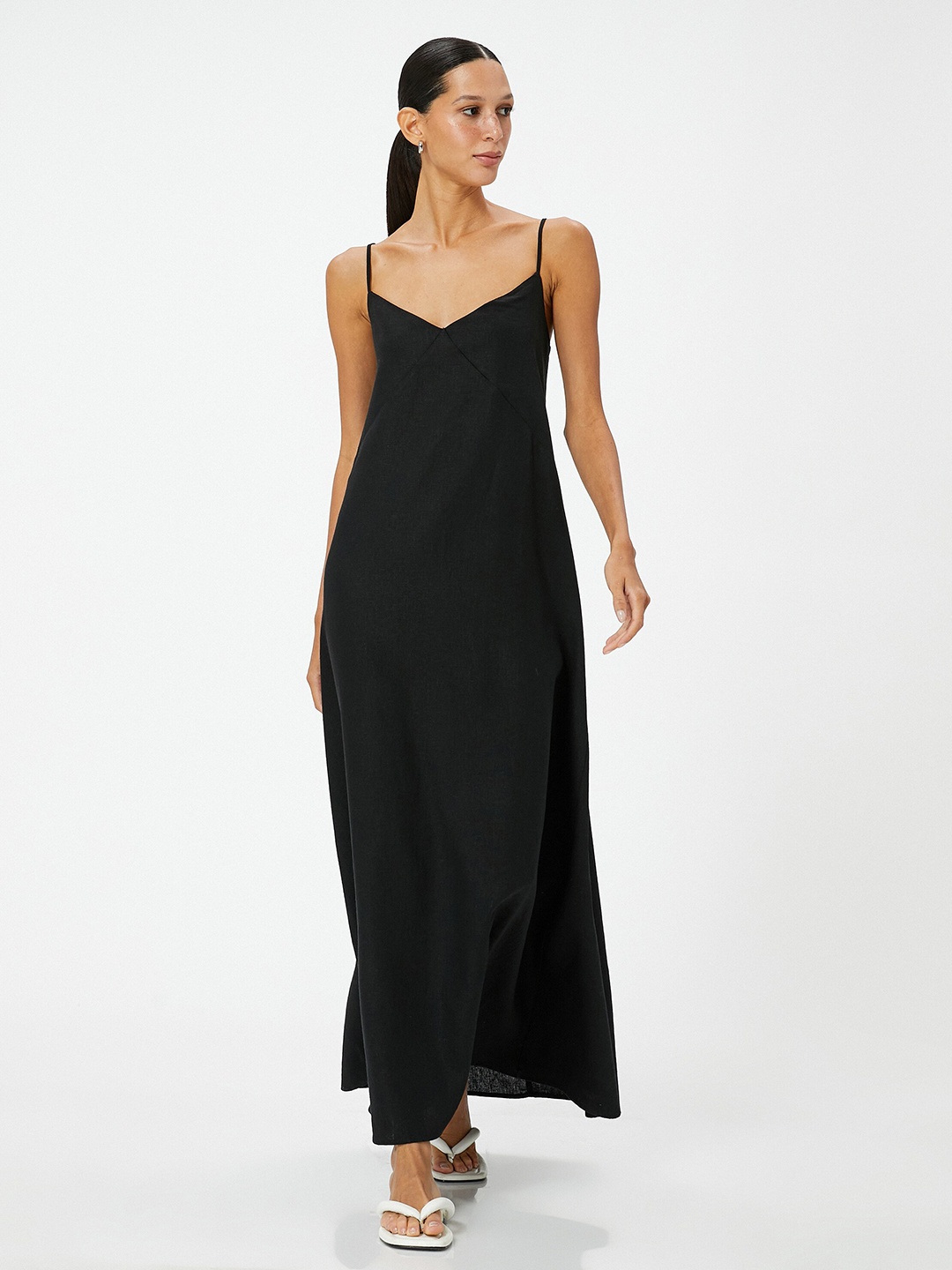 

Koton Shoulder Straps Fit & Flare Linen Dress, Black