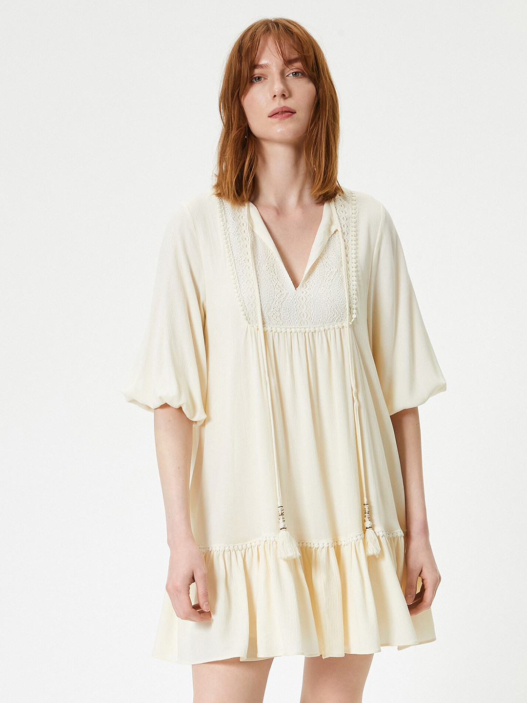 

Koton Tie-Up Neck Flared Sleeves Dress, Beige