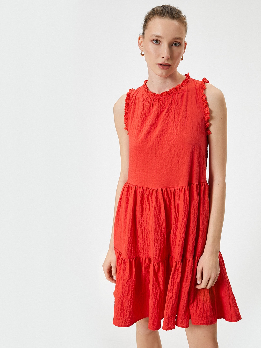 

Koton Round Neck Tiered A-Line Dress, Red
