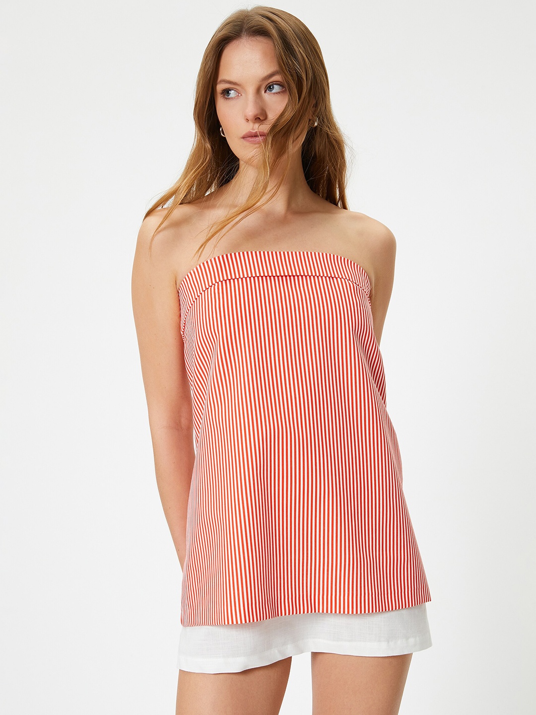 

Koton Striped Off-Shoulder Cotton A-Line Mini Dress, Red