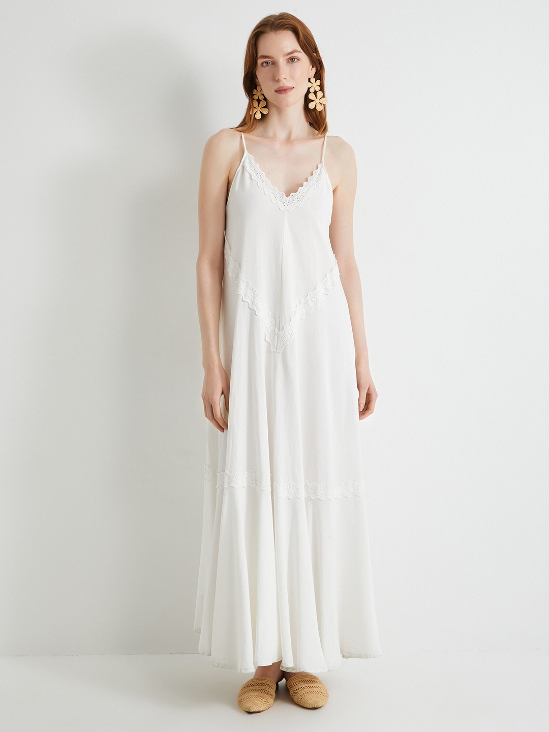 

Koton Shoulder Straps Lace-up Maxi Dress, Off white