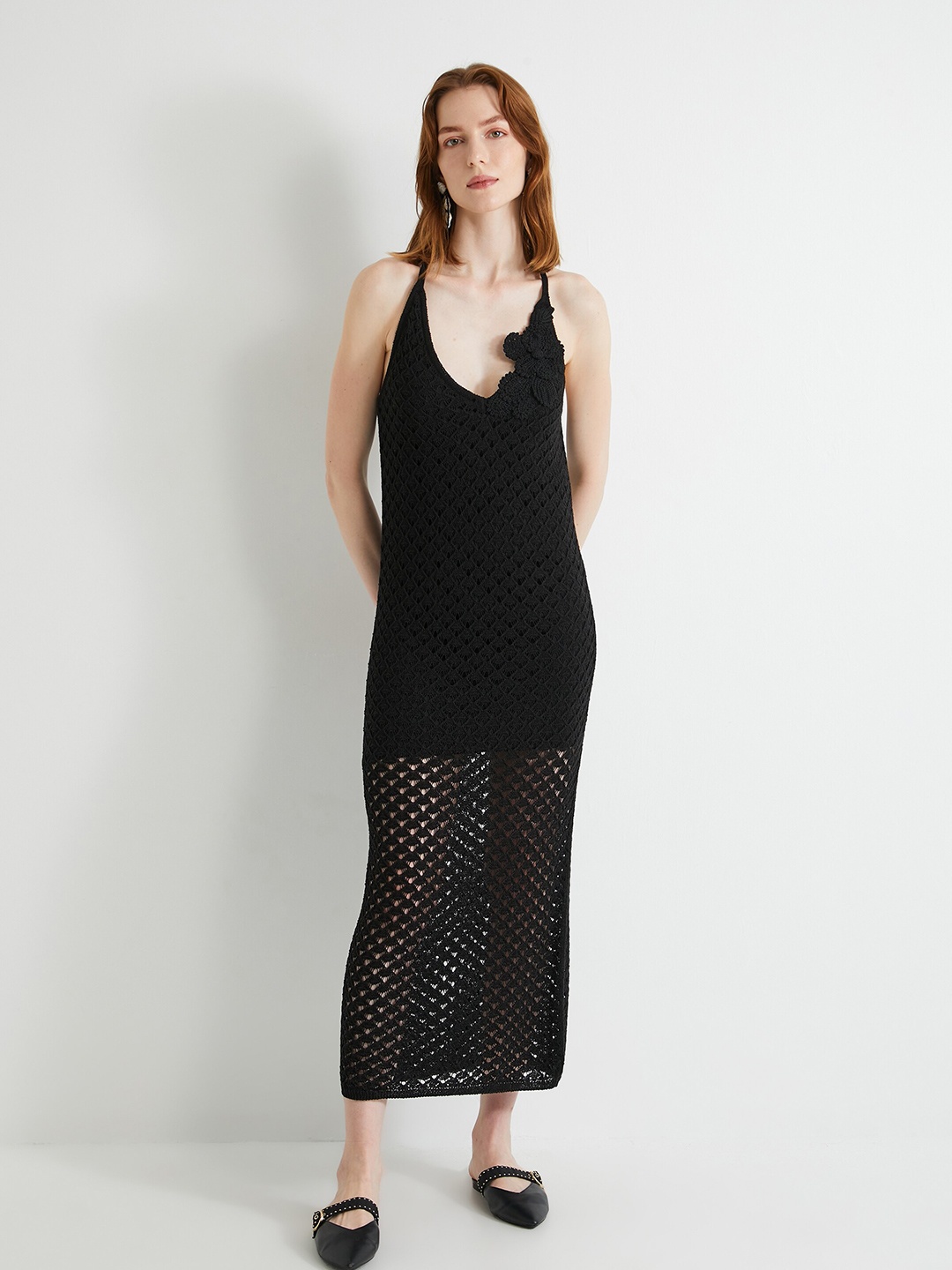

Koton Shoulder Straps Self Design Maxi Dress, Black