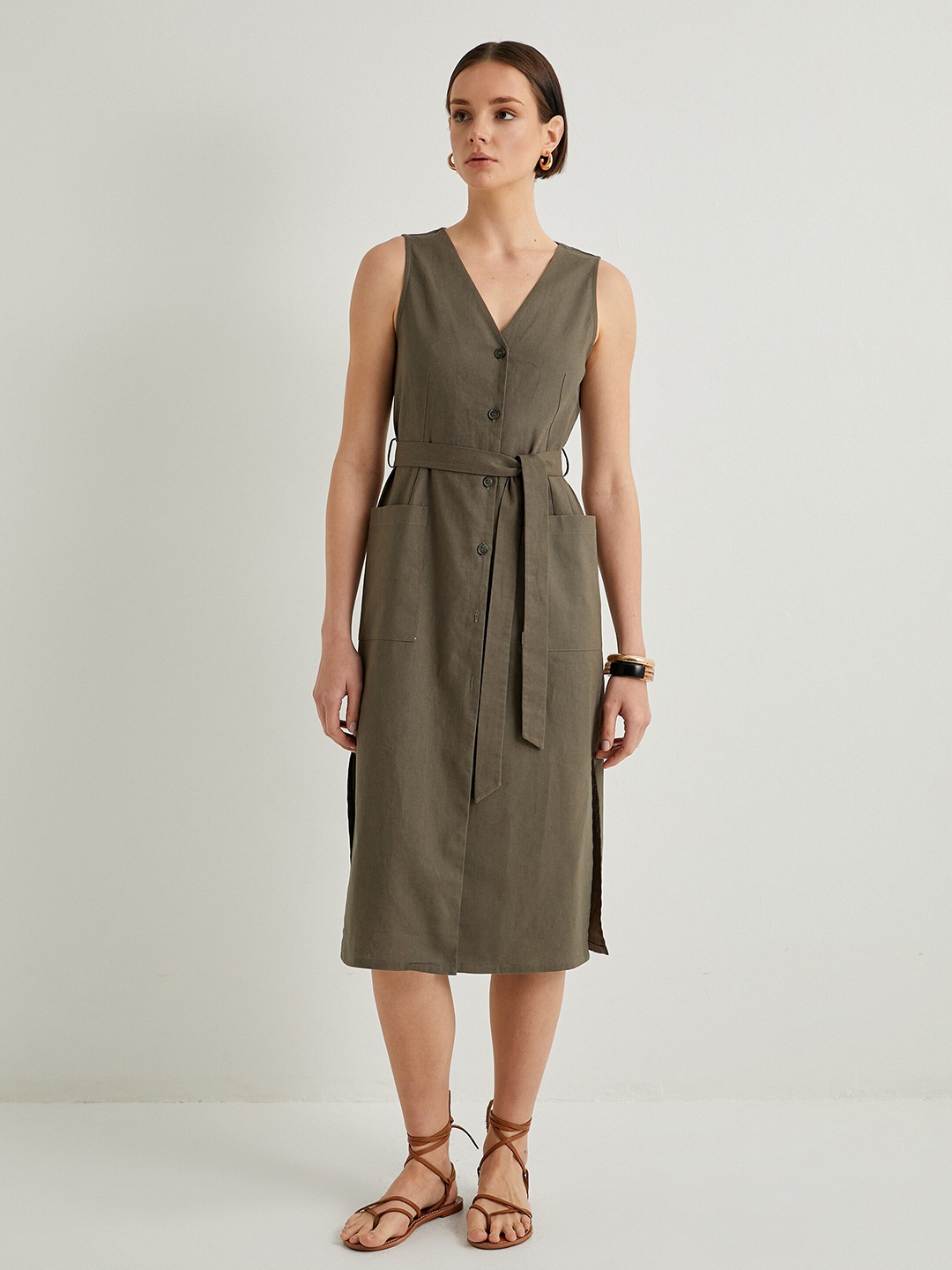 

Koton A-Line V-Neck Pocket Midi Dress, Khaki