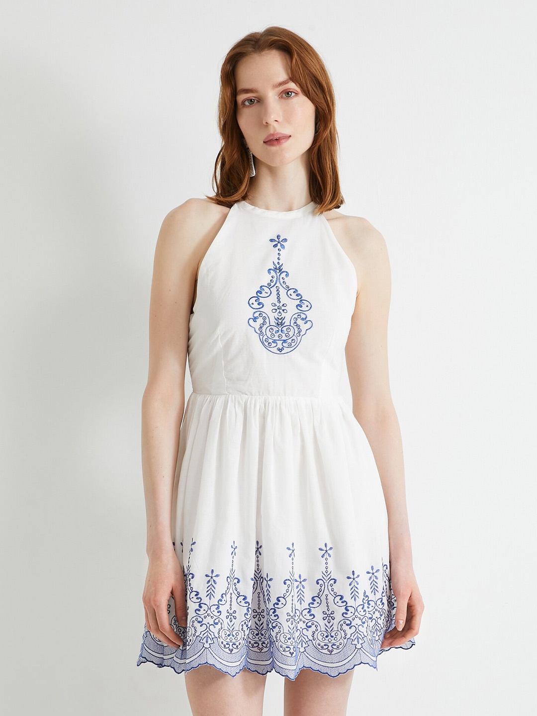 

Koton Ethnic Motifs Embroidered Halter Neck A-Line Dress, Off white