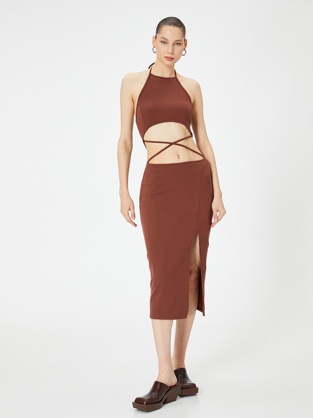 

Koton Halter Neck Bodycon Midi Dress, Brown