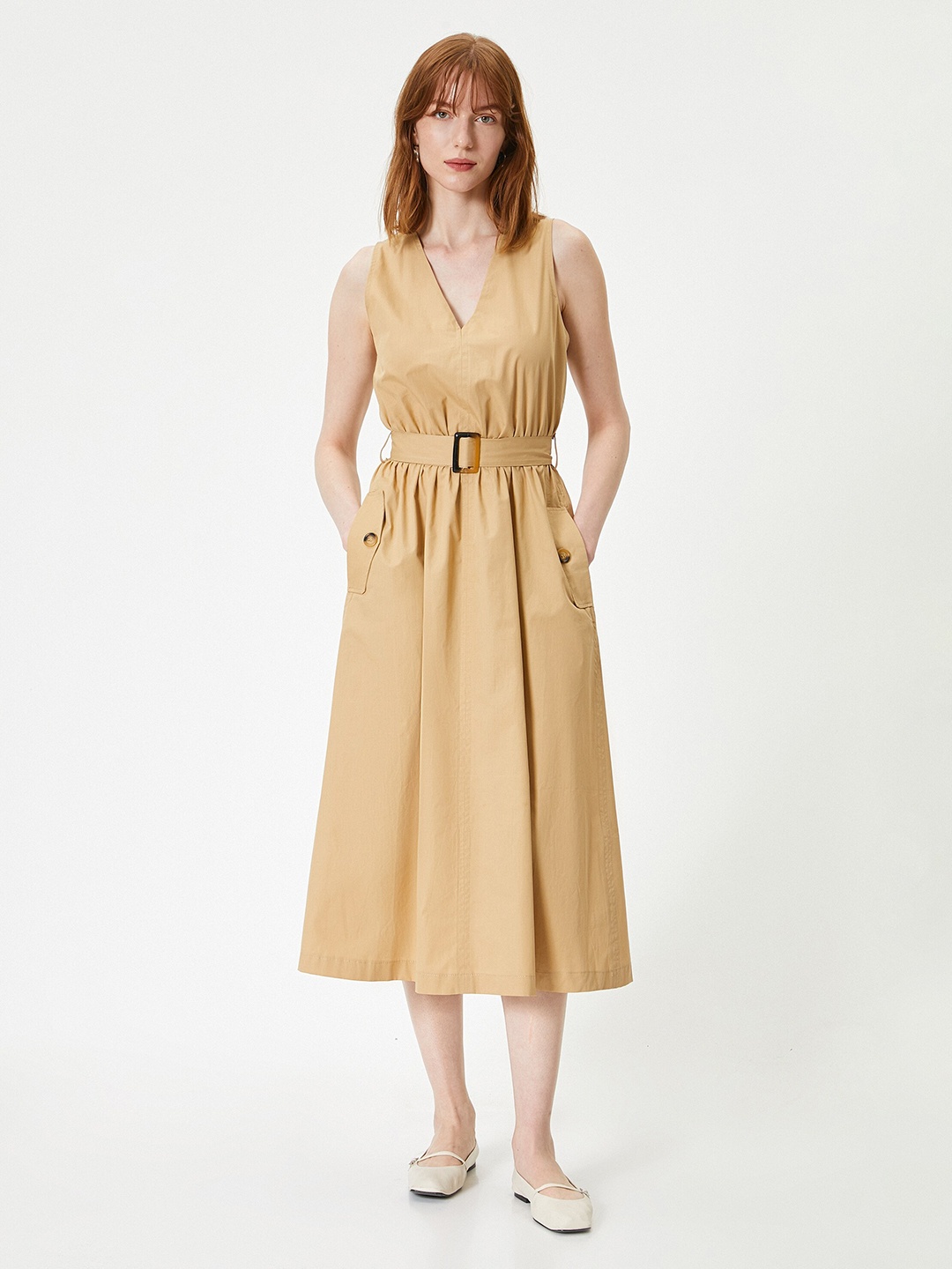 

Koton Fit and Flare Pure Cotton Dress, Camel brown