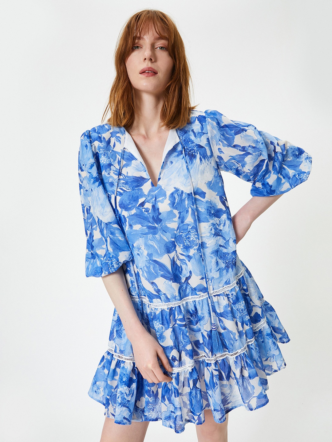 

Koton Tie-Up Neck Floral Printed A-Line Dress, Blue