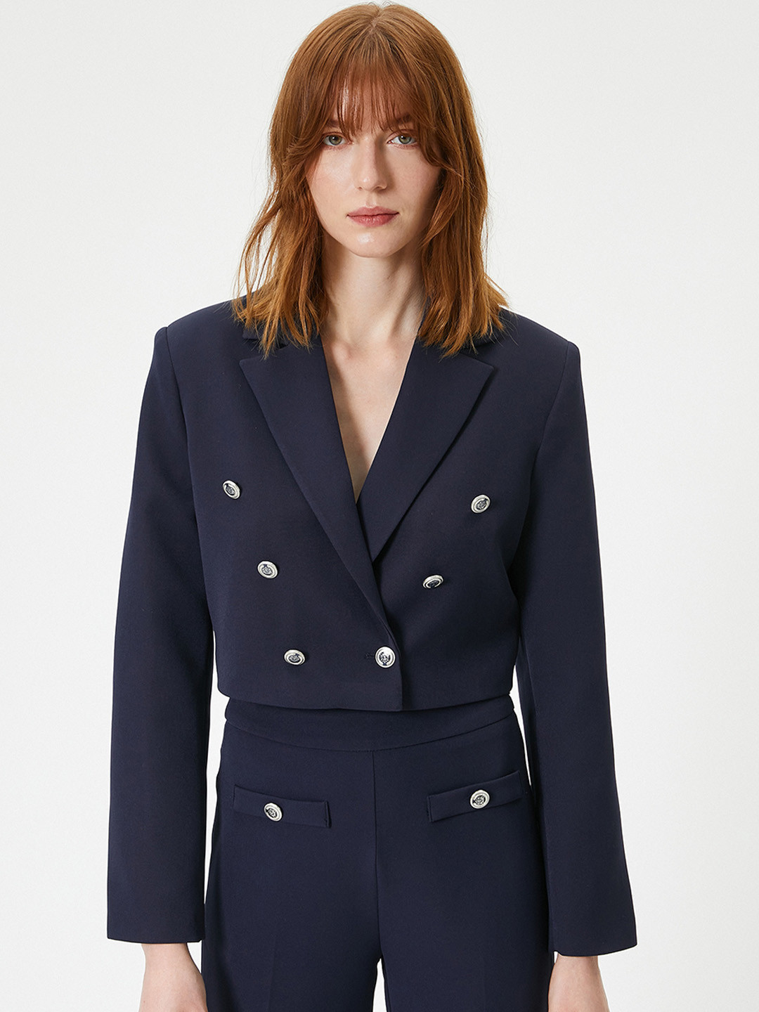 

Koton Notched Lapel Long Sleeves Double-Breasted Crop Blazer, Navy blue