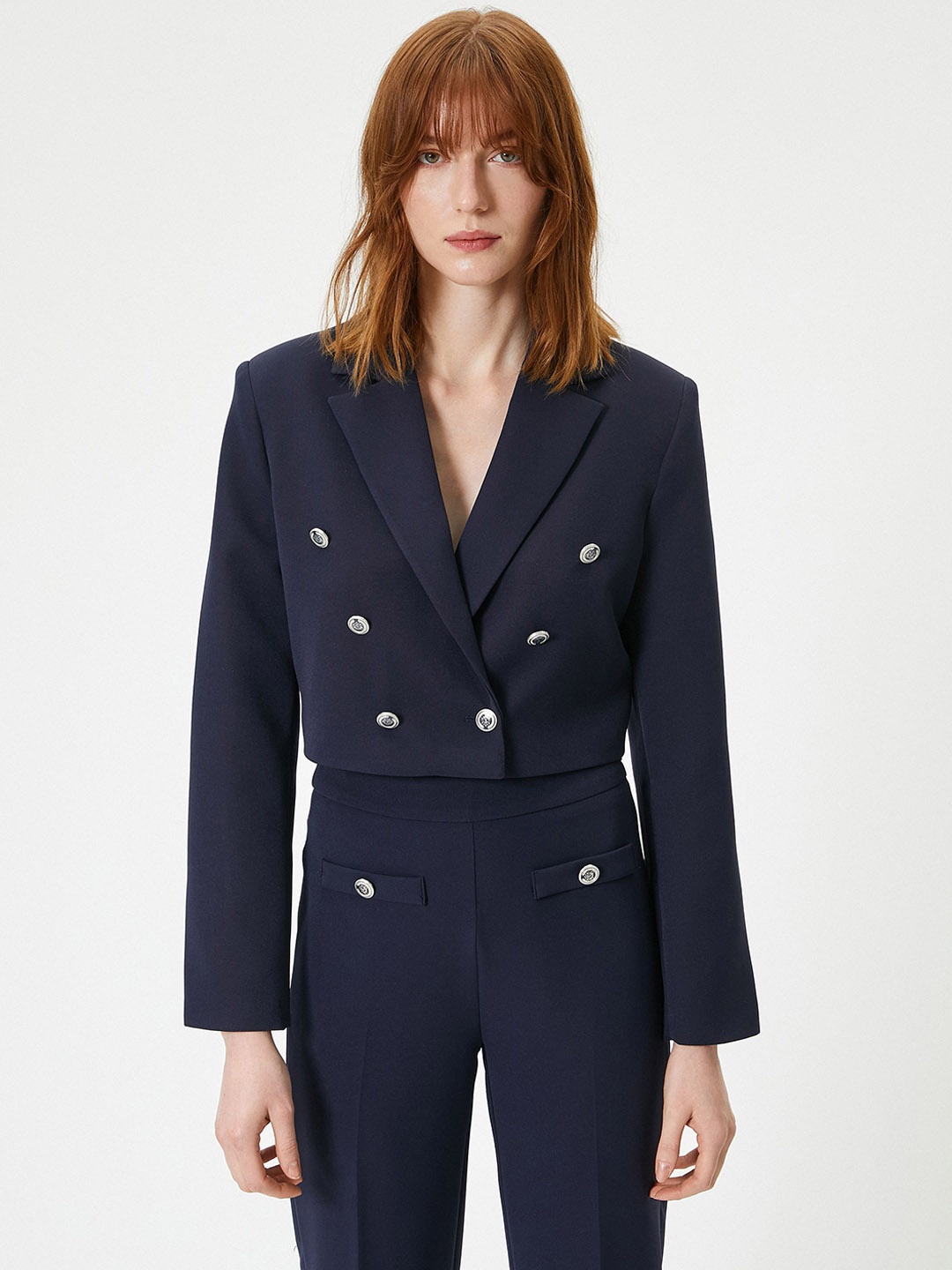 

Koton Notched Lapel Double Breasted Crop Blazer, Blue