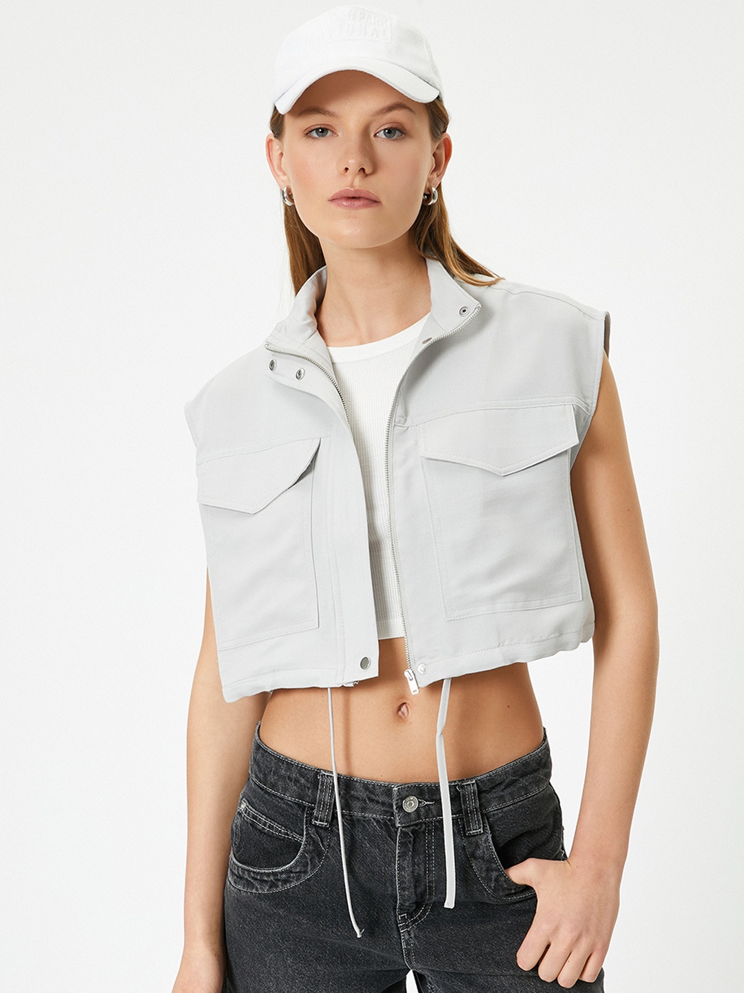 

Koton Mock Collar Sleeveless Crop Tailored Jacket, Grey