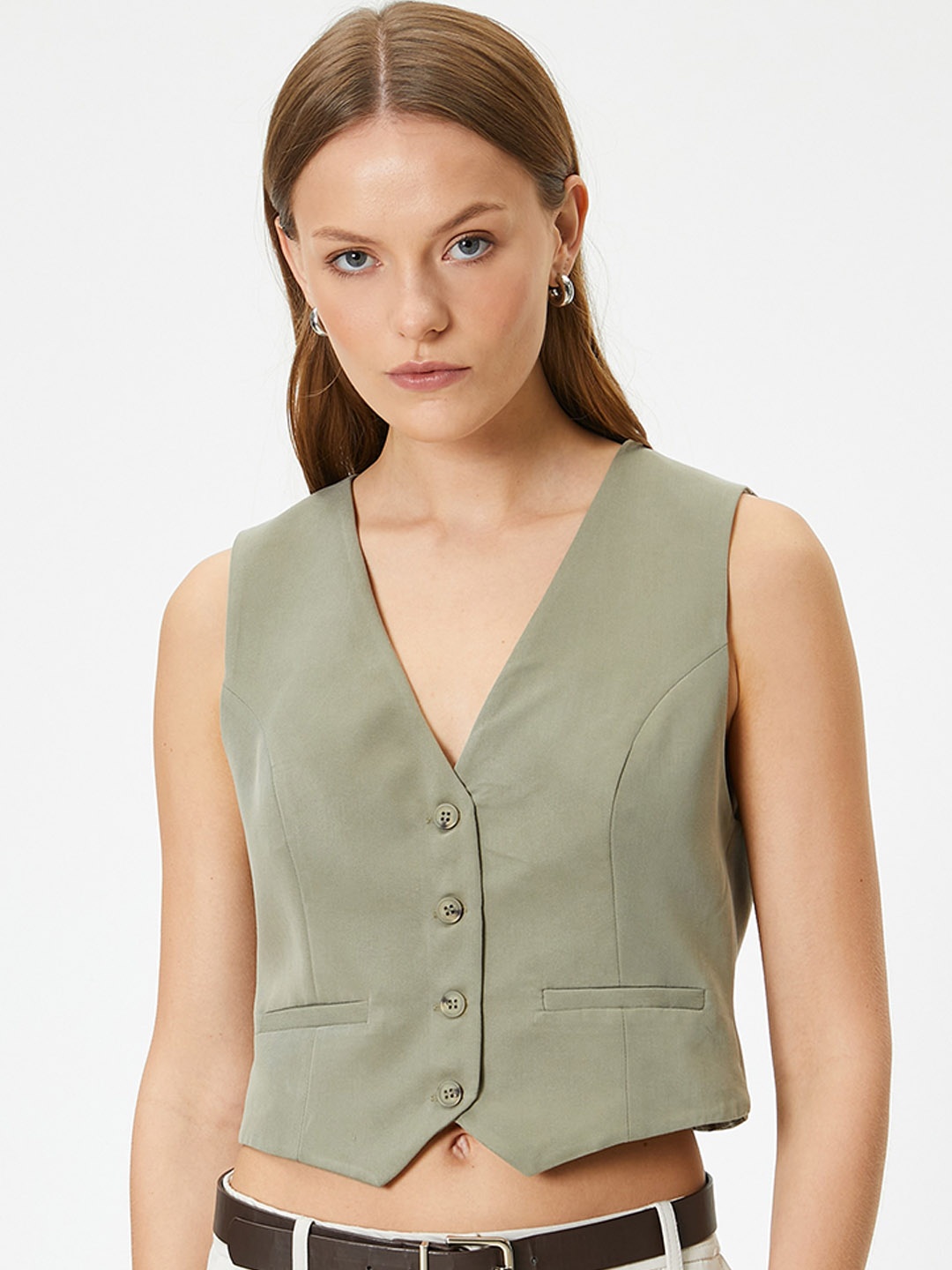 

Koton V-Neck Sleeveless Waistcoat, Khaki