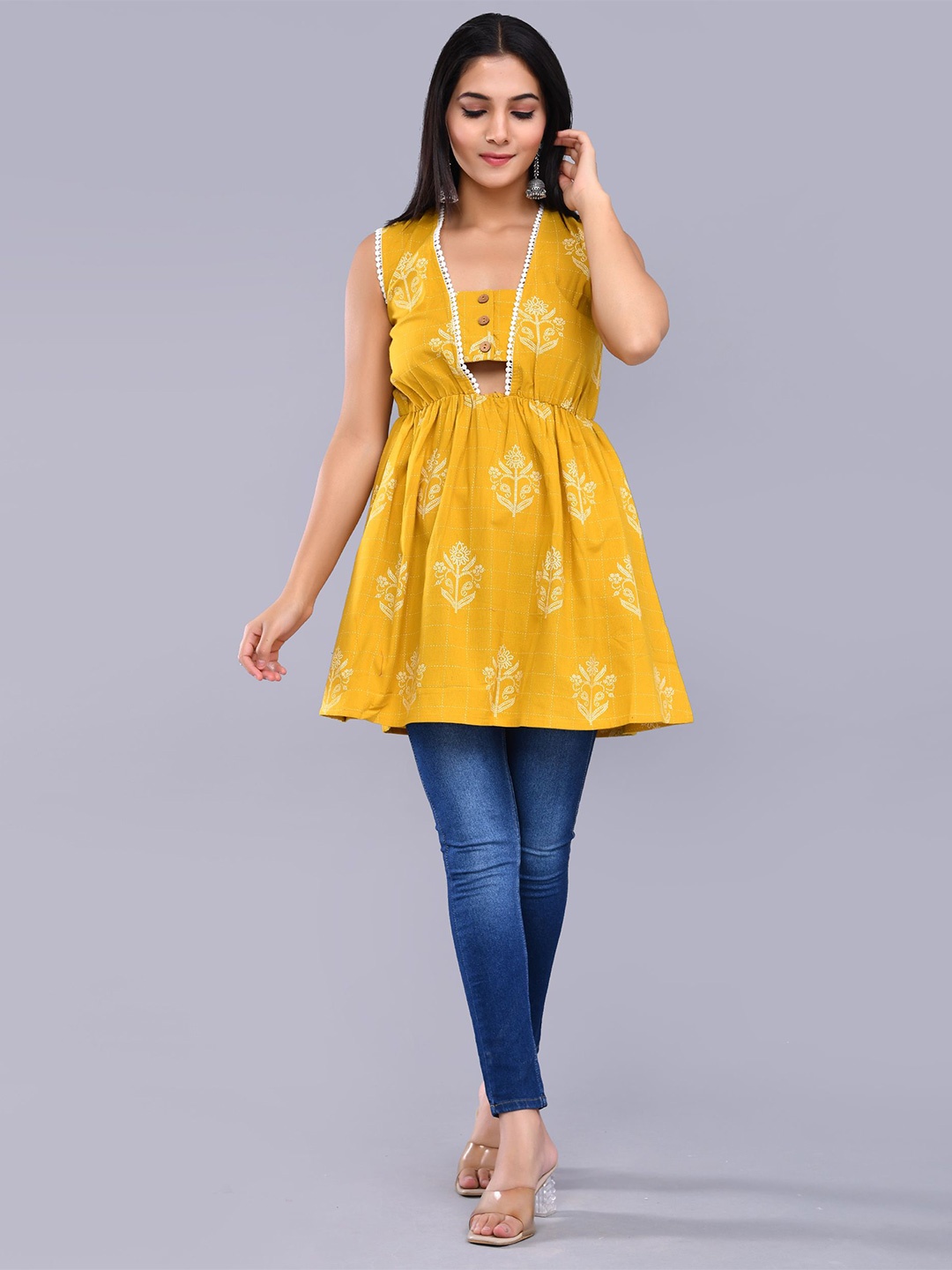 

SHOOLIN Ethnic Printed Longline Top, Yellow
