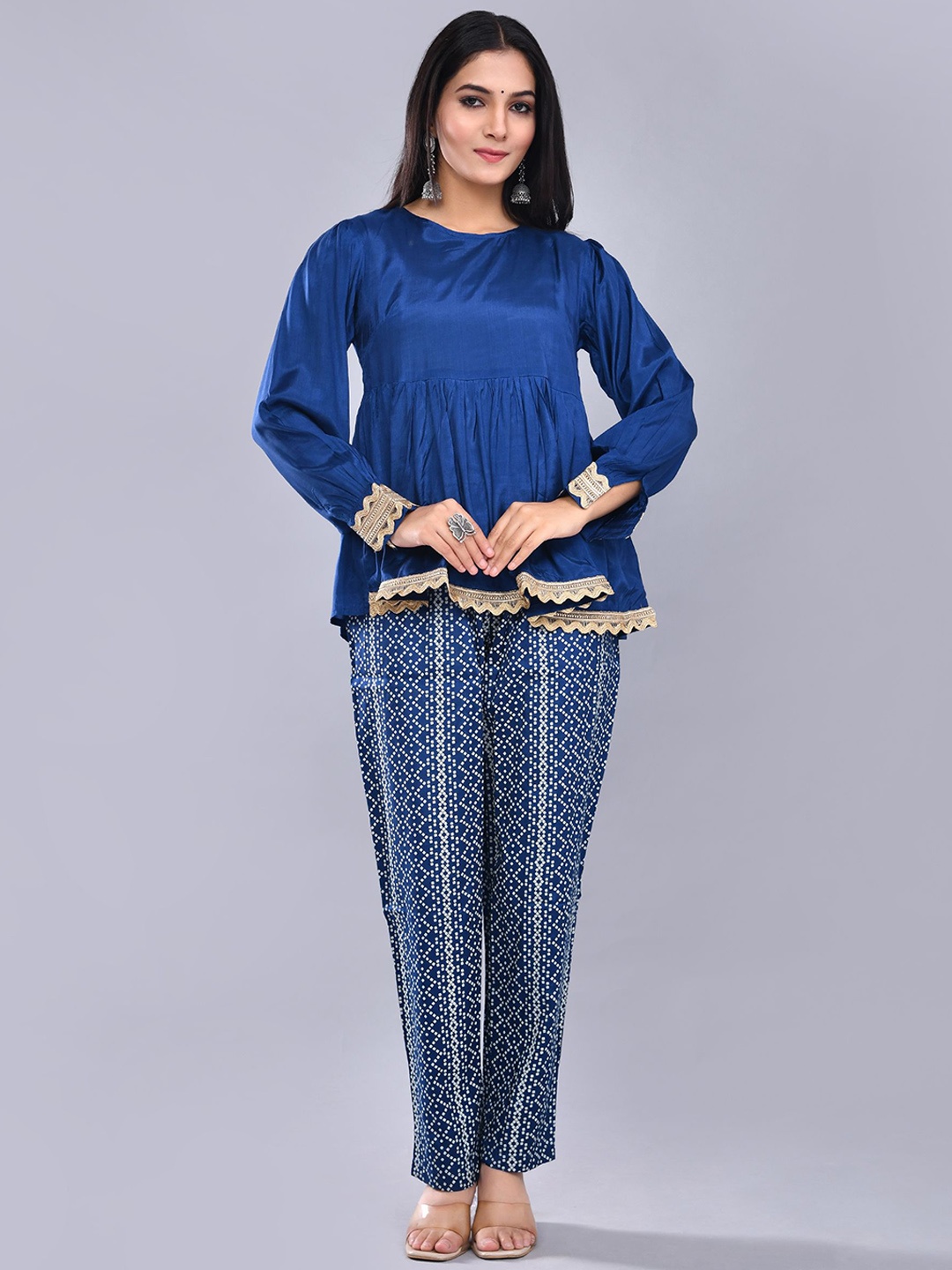 

SHOOLIN Pleated Gotta Patti A-Line Kurti With Trouser, Blue