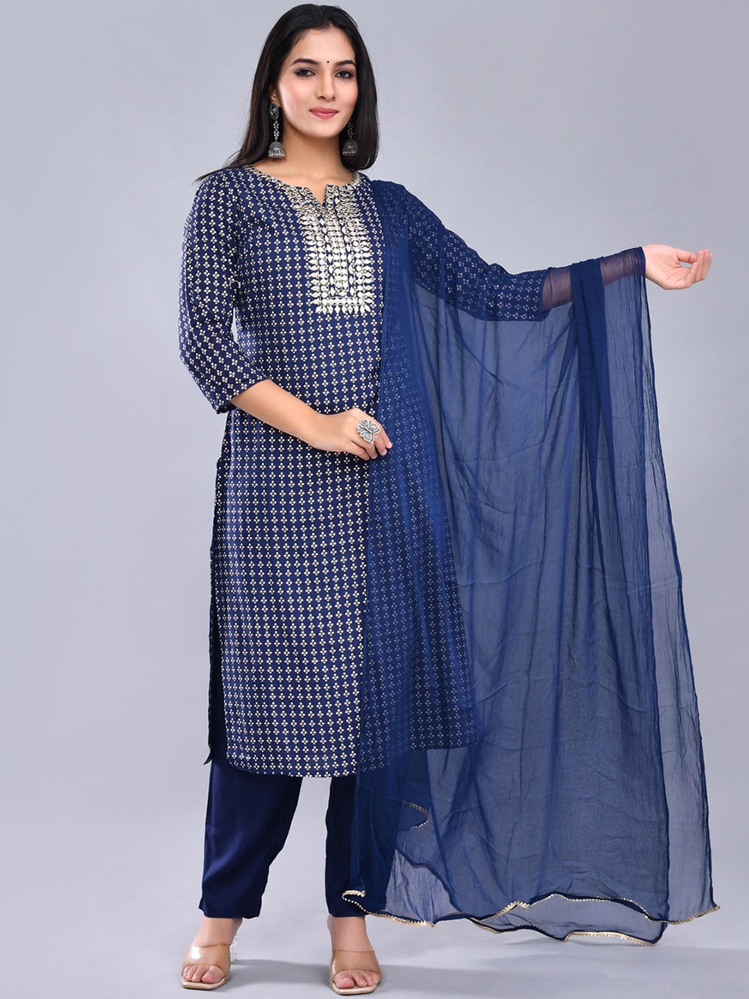 

SHOOLIN Ethnic Motifs Embroidered Empire Mirror Work Straight Kurta Set, Blue