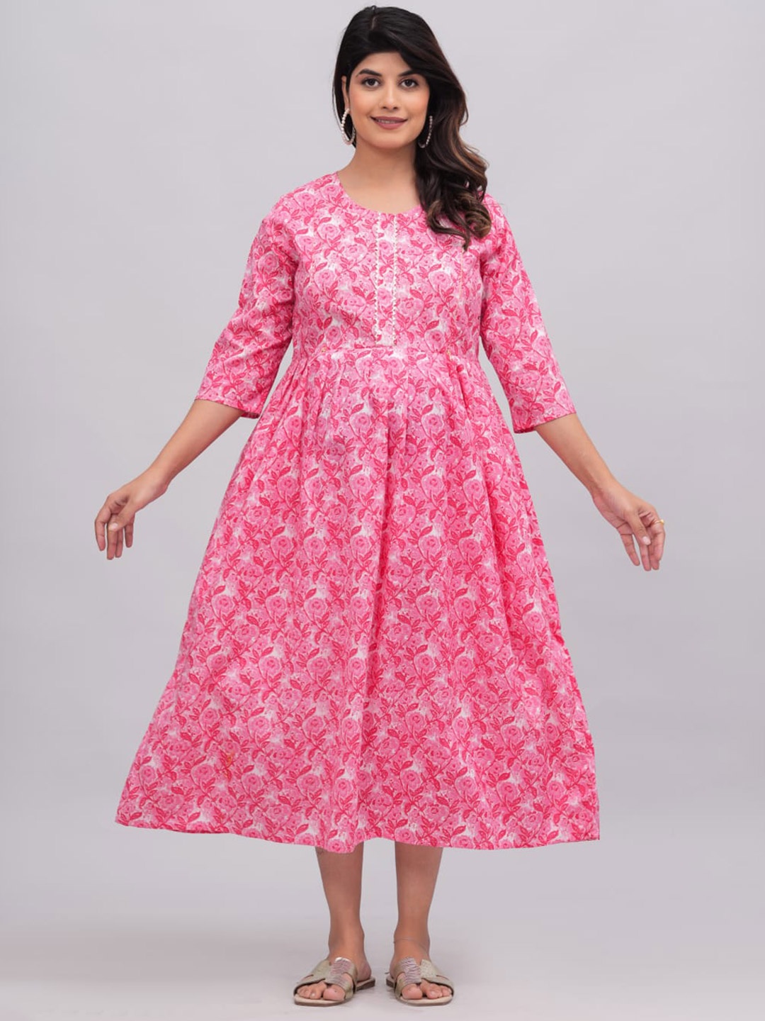 

KALINI Floral Printed Round Neck Maternity A-Line Midi Dress, Pink