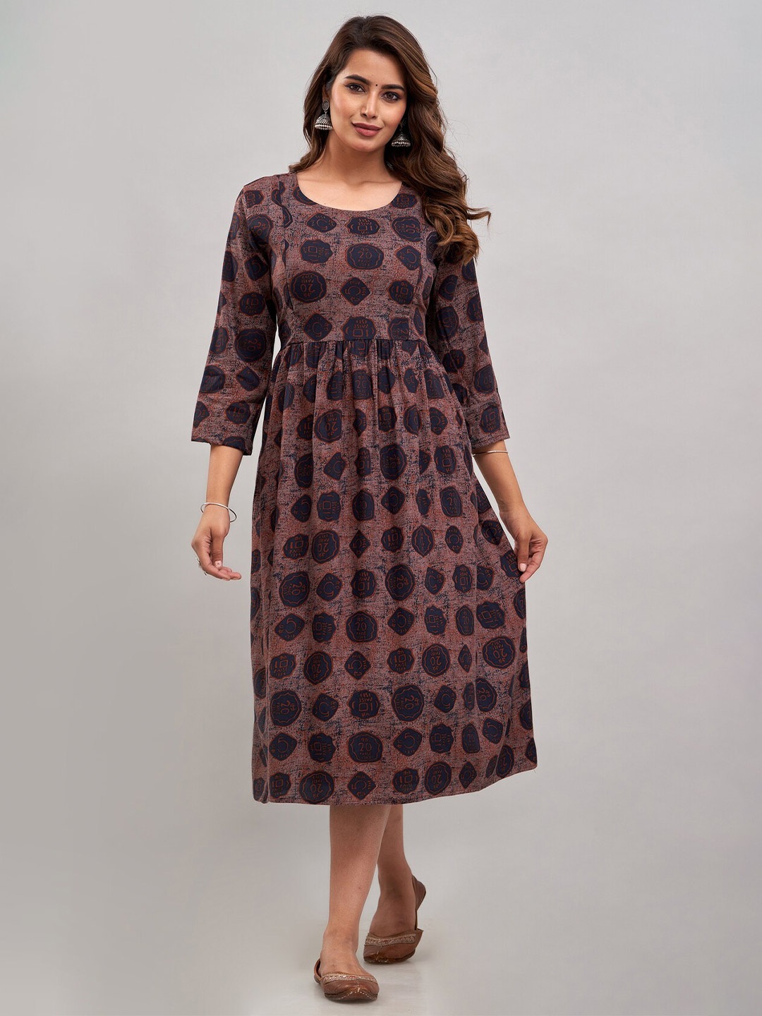 

KALINI Abstract Printed Round Neck Maternity Fit & Flare Midi Dress, Brown