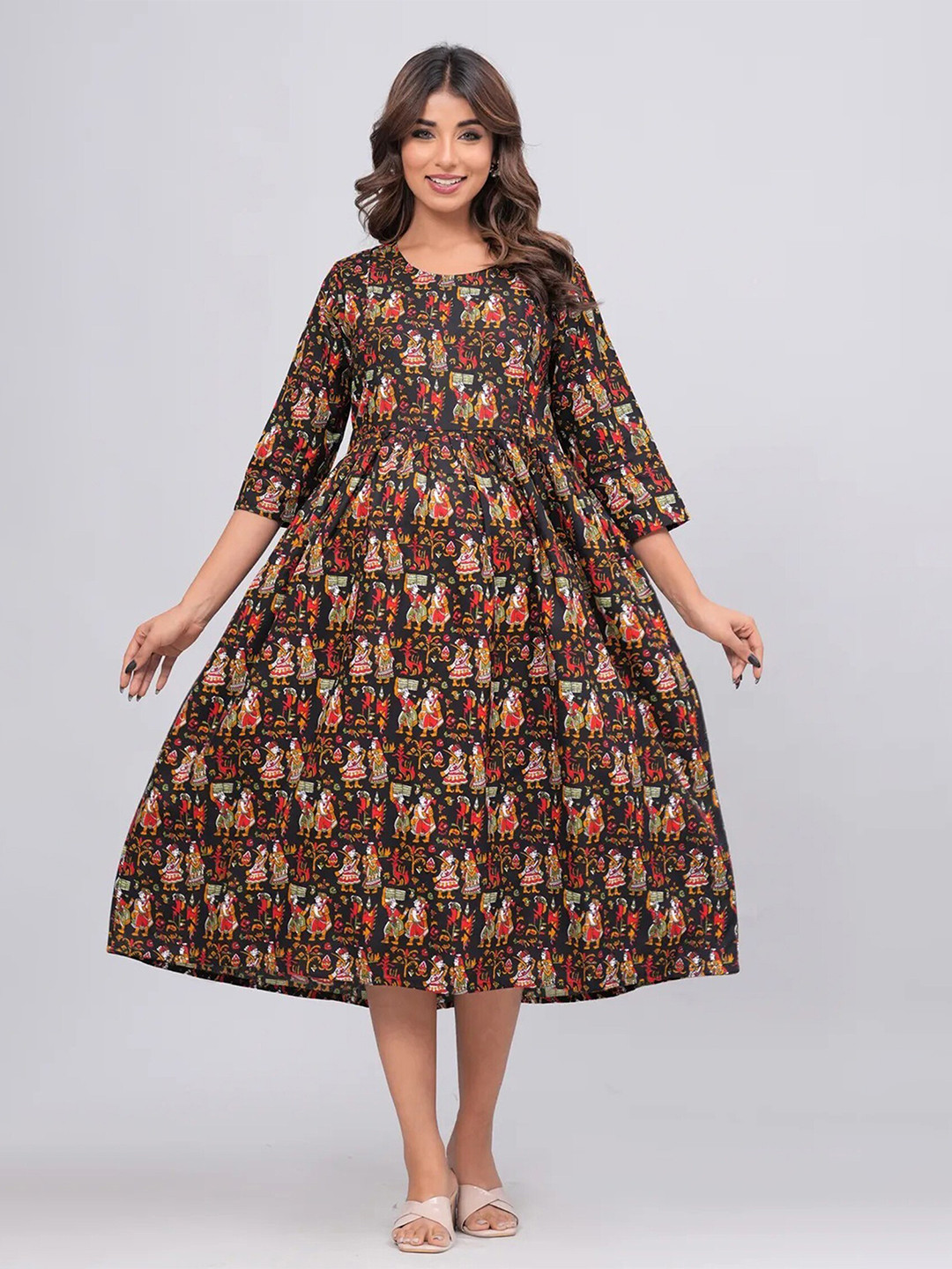 

Black Teetar Ethnic Motifs Printed Round Neck Maternity Fit and Flare Midi Dress, Brown