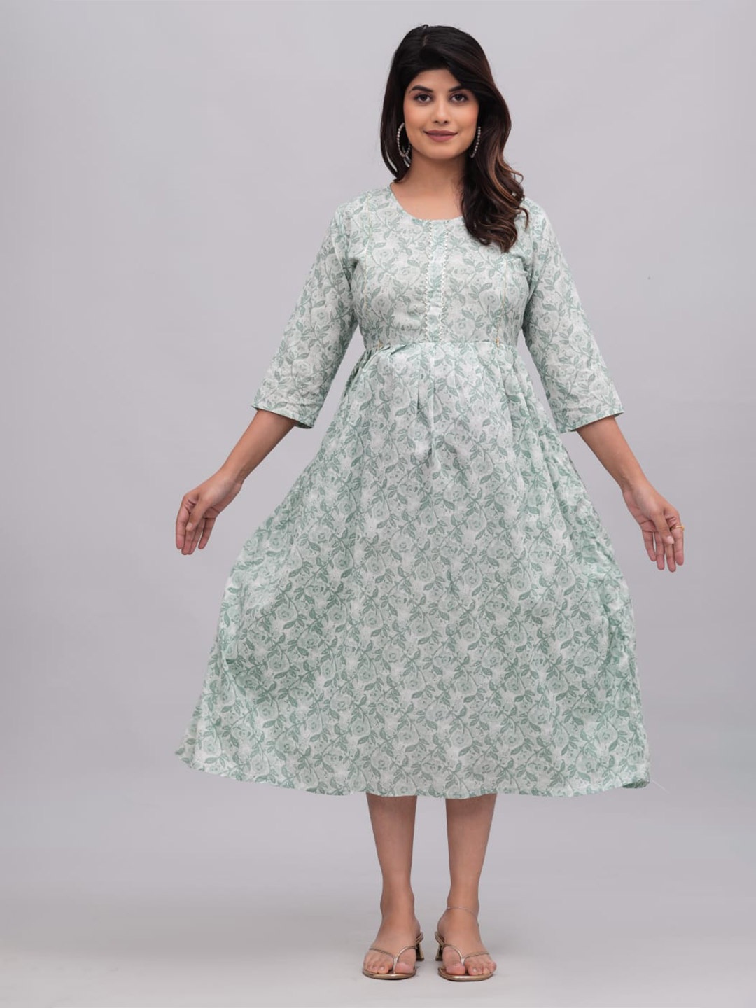 

Black Teetar Ethnic Motifs Printed Maternity A-Line Midi Dress, Blue
