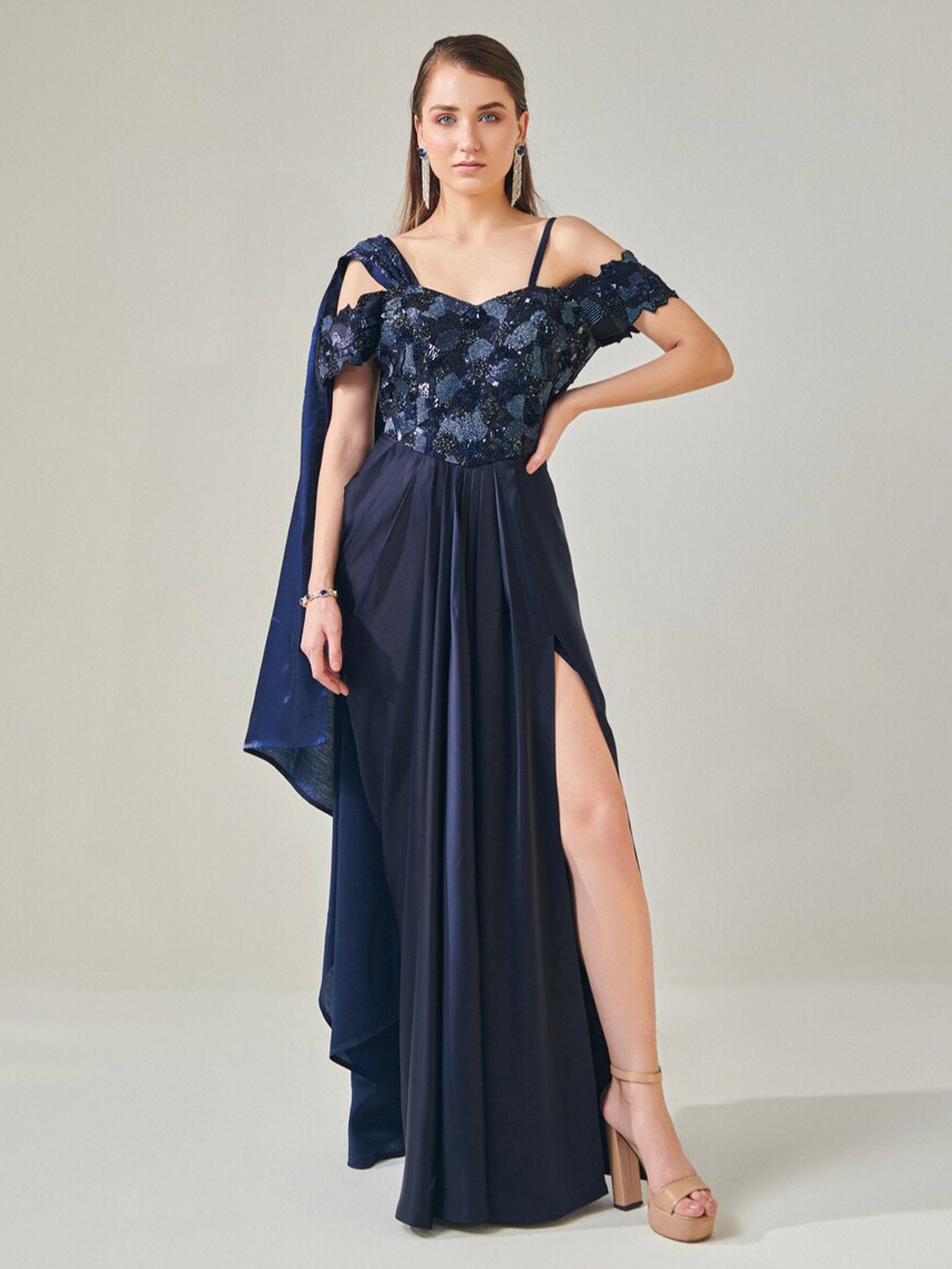 

ONE KNOT ONE Cold-Shoulder Satin Maxi Dress, Blue