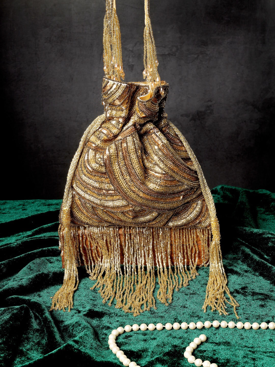 

A Clutch Story Women Structured Handheld Bag with Tasselled, Gold