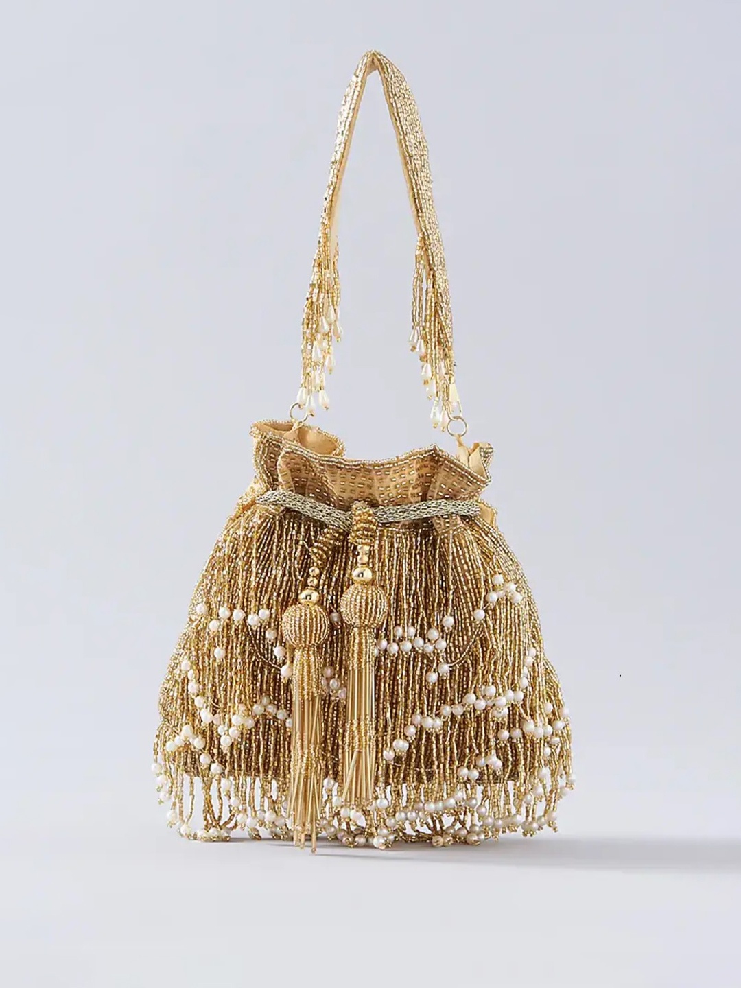 A Clutch Story Embellished Textured Oversized Structured Sling Bag with Quilted, Gold