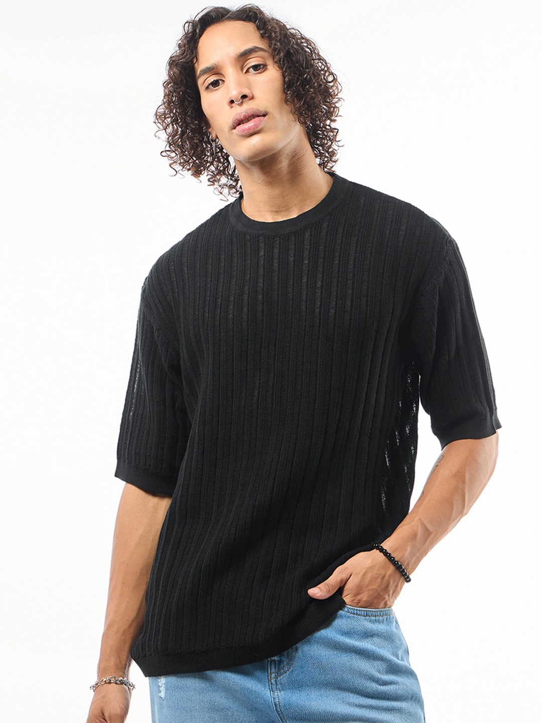 

Bewakoof Men Textured Oversized Flatknit T-shirt, Black