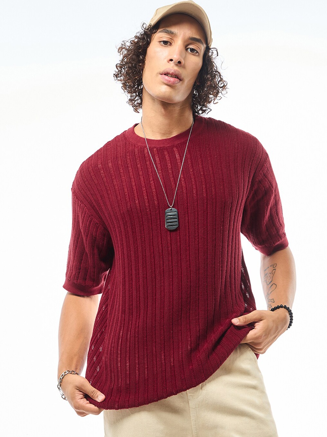 

Bewakoof Men Textured Oversized T-shirt, Maroon