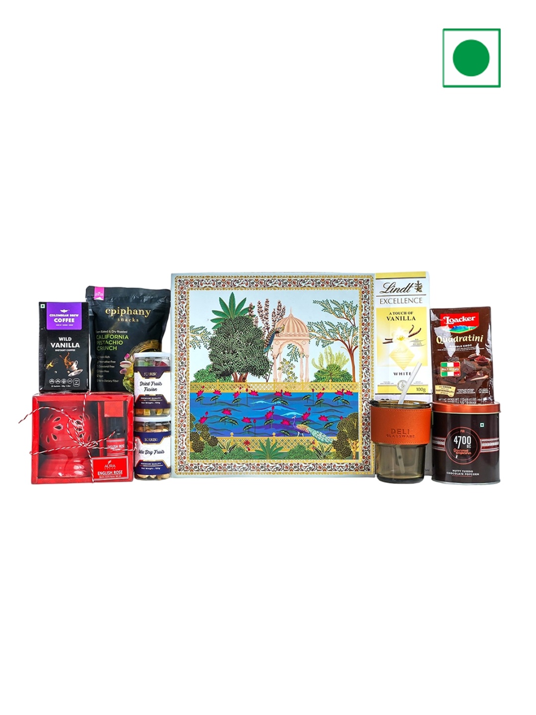 

The Gift Tree 11Pcs Leather Mug With Chocolate And Dry Fruits & Coffee Hamper, Red