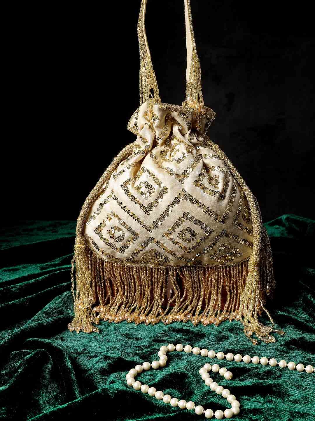 A Clutch Story Wrist Loop Embroidered Potli Bag, Beige
