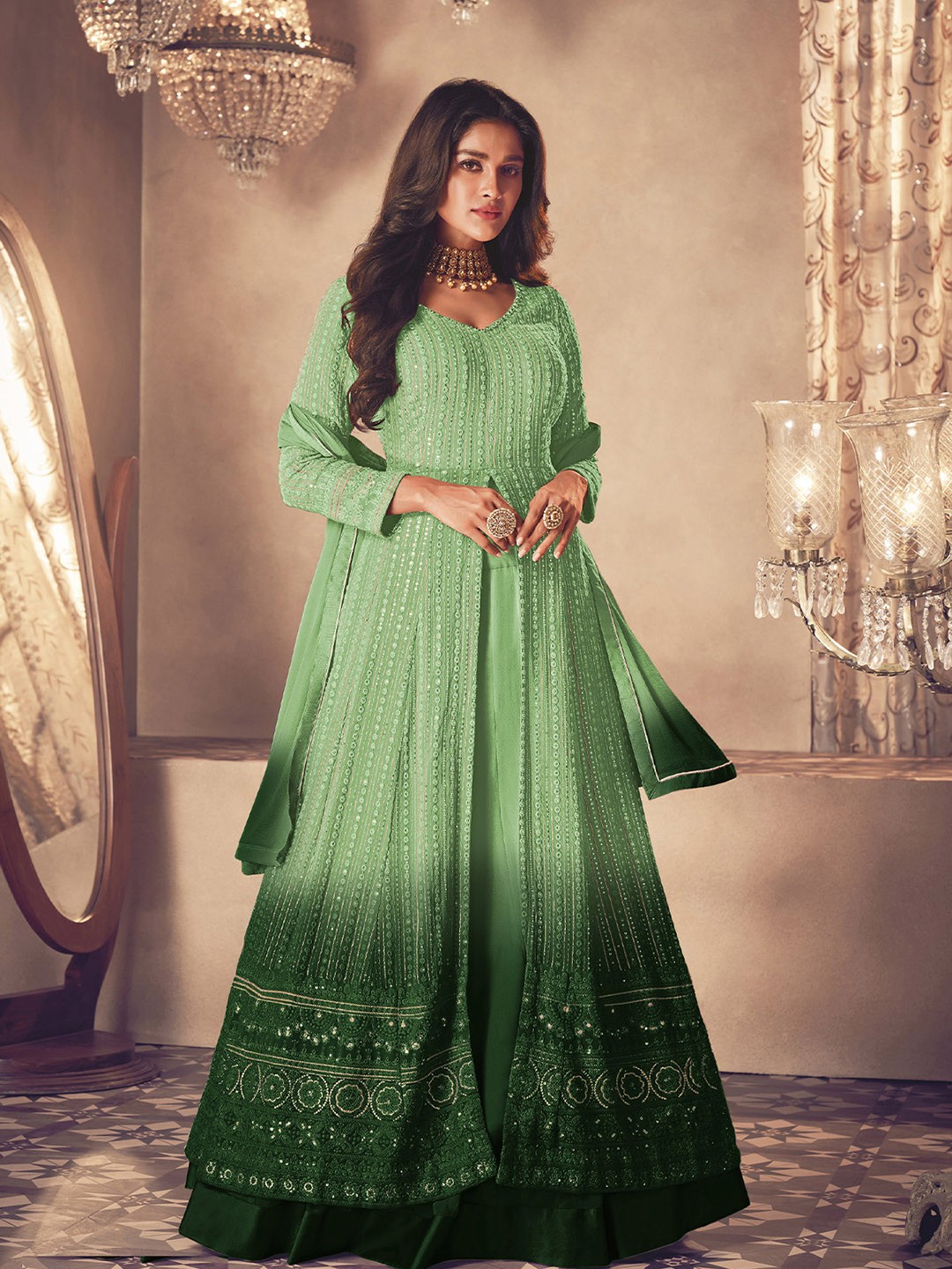 

ODETTE Women Ombre Embroidered High Slit Sequinned Kurta with Sharara & With Dupatta, Green