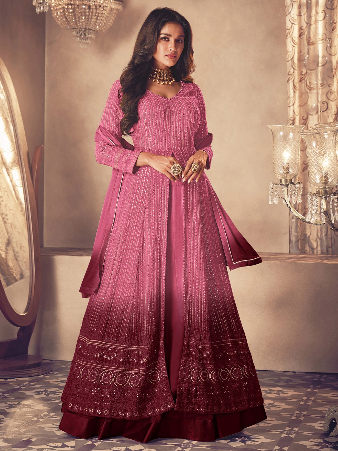 

ODETTE Women Ethnic Motifs Embroidered Thread Work Kurta Sharara & With Dupatta, Pink