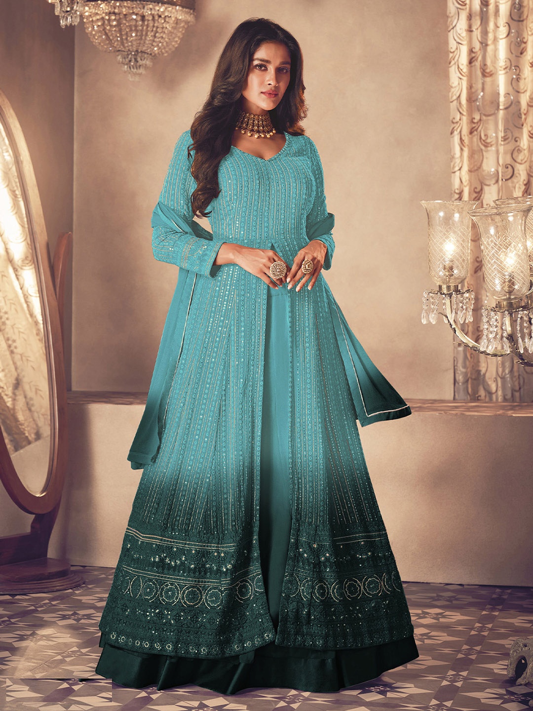 

ODETTE Women Floral Embroidered Regular Kurta with Sharara & With Dupatta, Blue