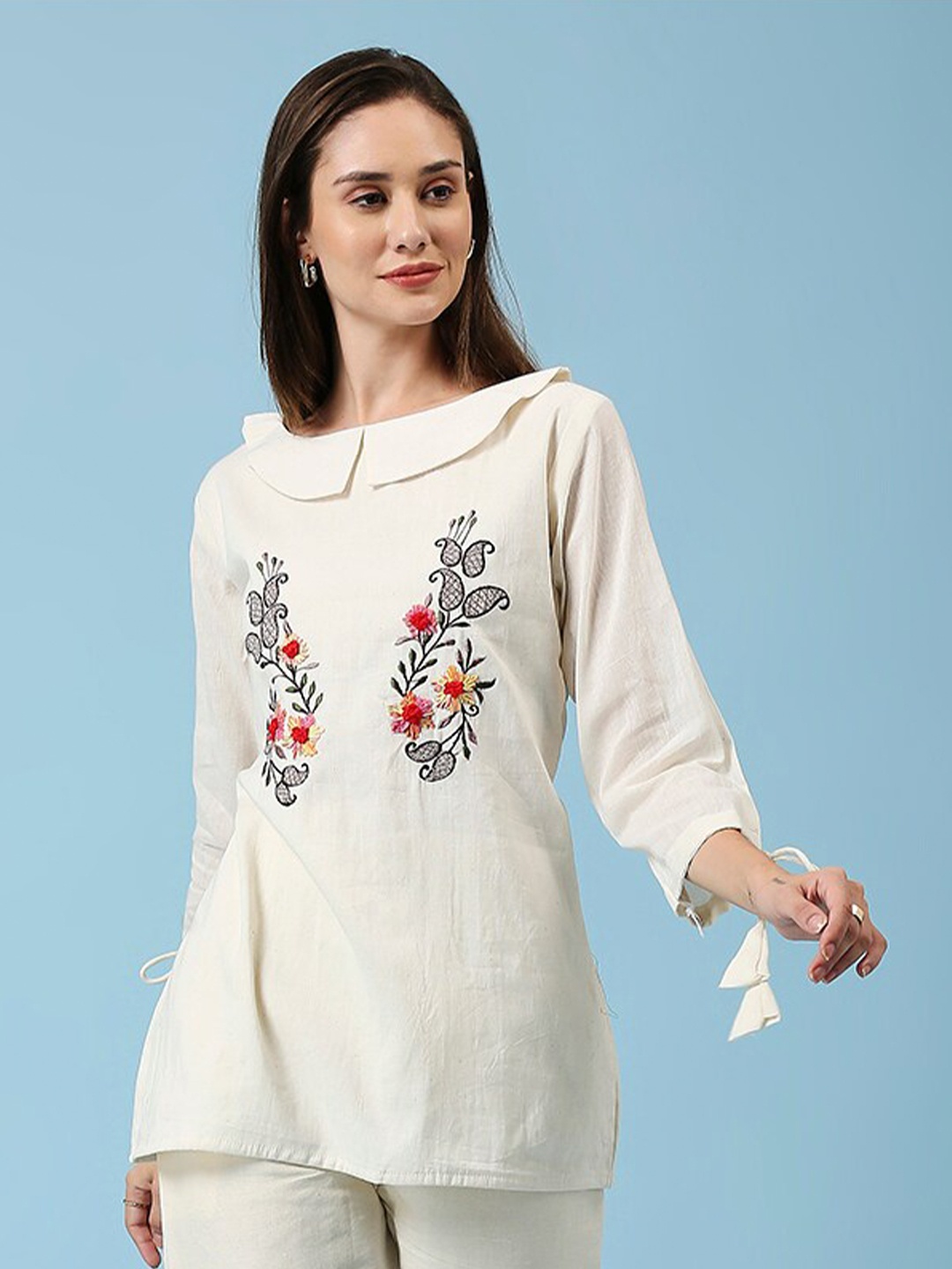 

YOELLA Organic Cotton Shirt Collar Embroidered Tunic, Off white