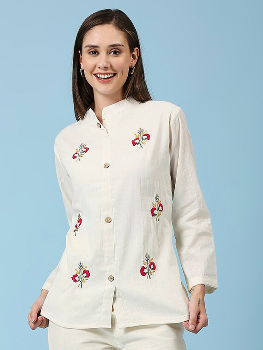 

YOELLA Embroidered Mandarin Collar Casual Shirt, Off white