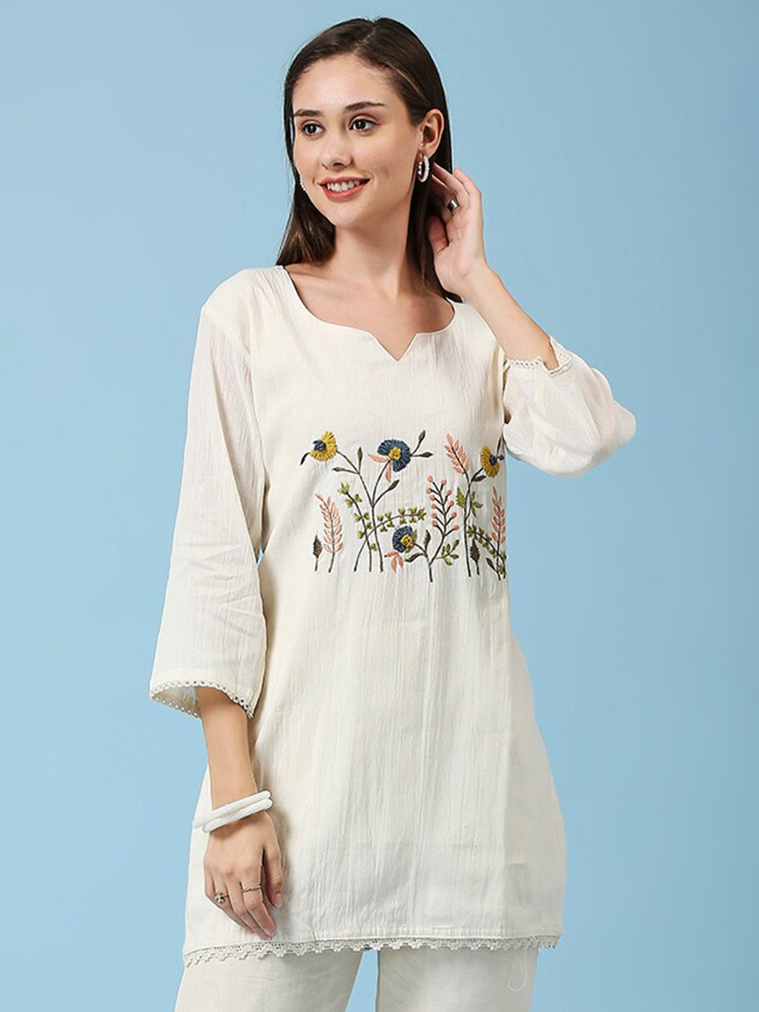 YOELLA Organic Cotton Round Neck Embroidered Bohemian Tunic, Off white
