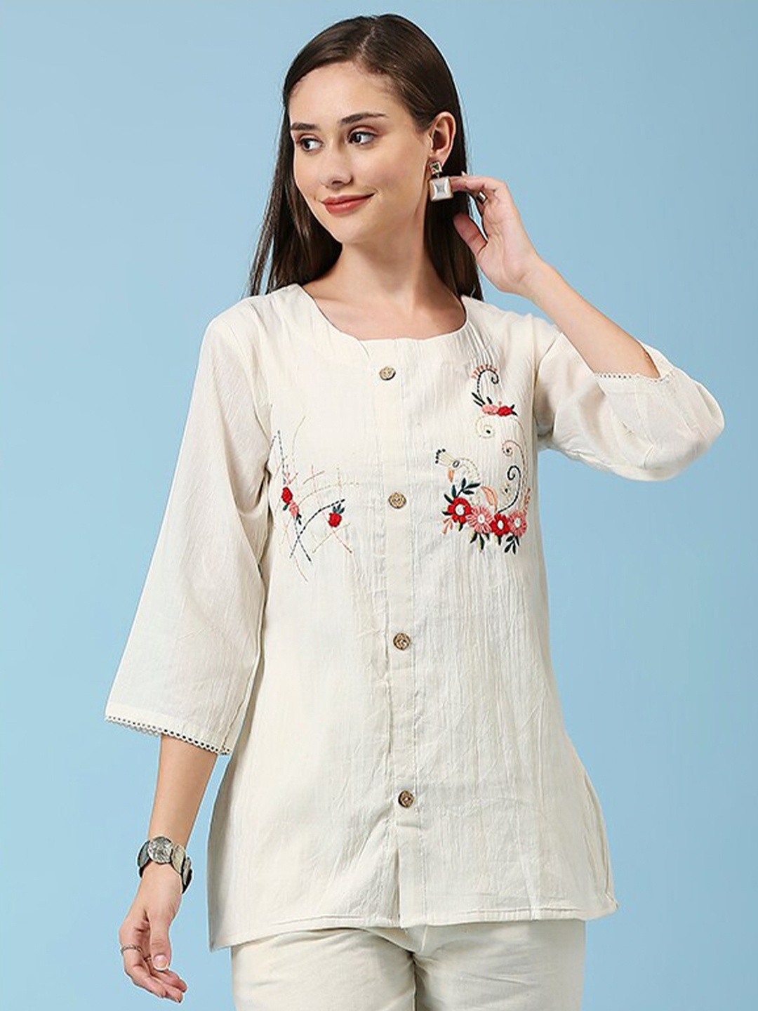 

YOELLA Organic Cotton Round Neck Embroidered Bohemian Tunic, Off white