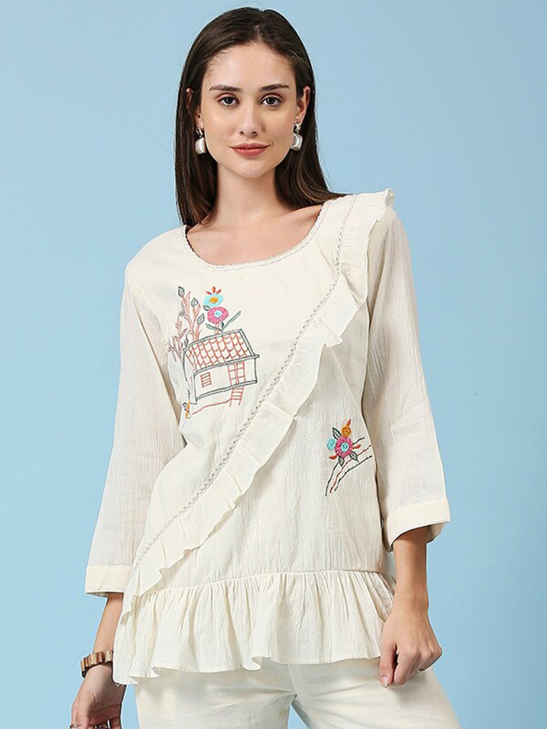 

YOELLA Organic Cotton Boat Neck Embroidered Tunic, Off white