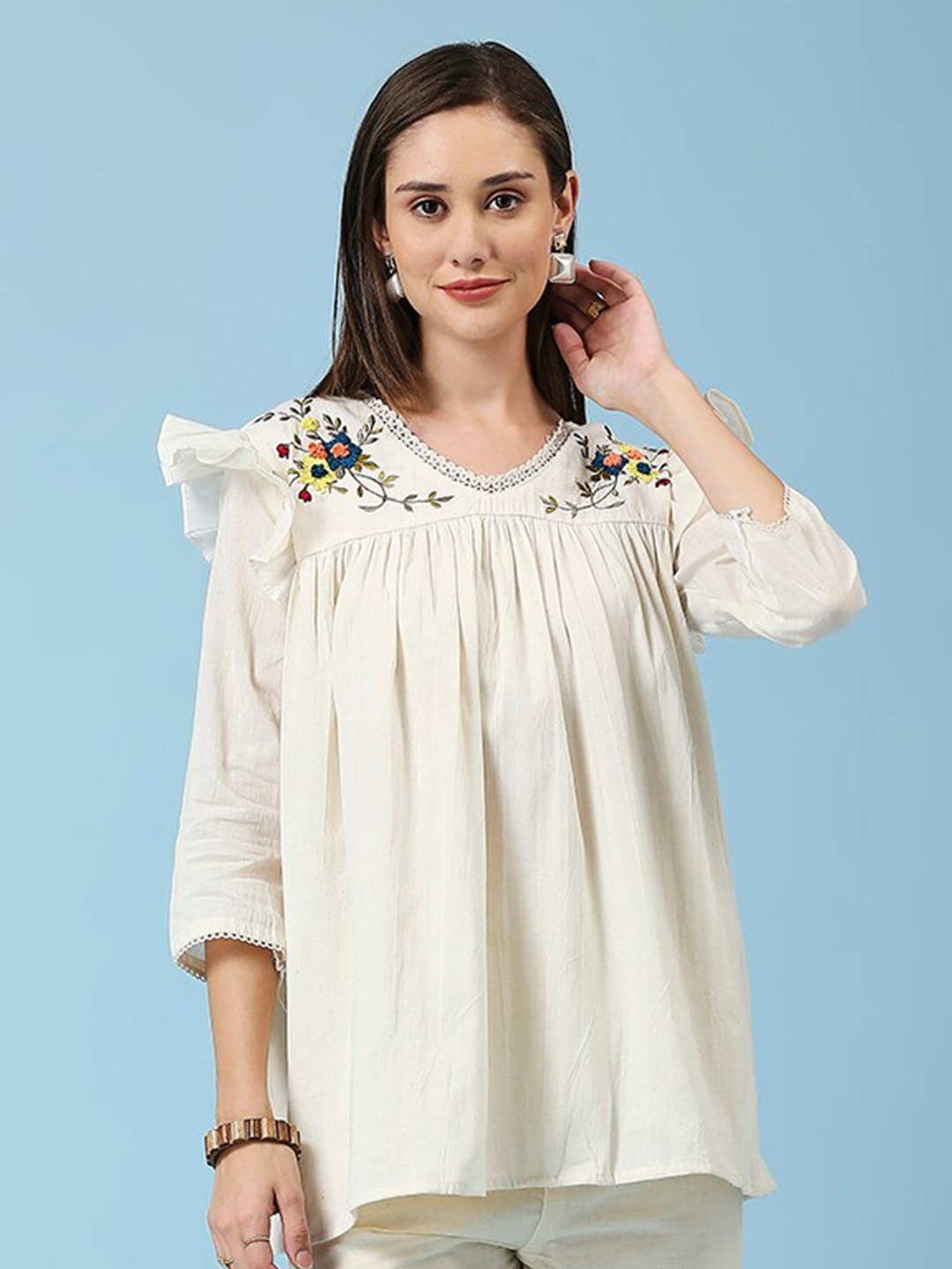 

YOELLA Floral Embroidered Pure Cotton Tunic, Off white