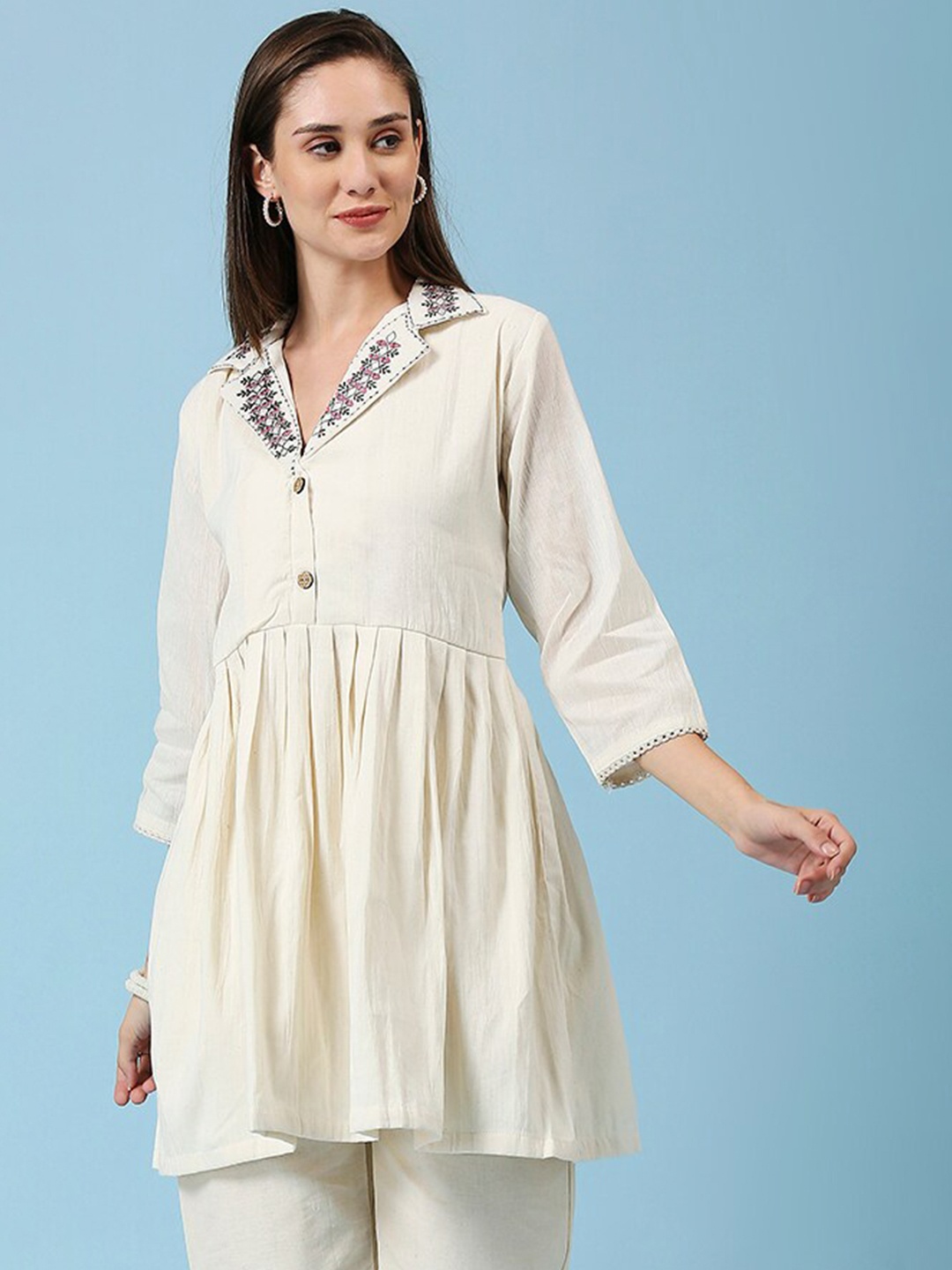 

YOELLA Organic Cotton Shirt Collar Embroidered Tunic, Off white