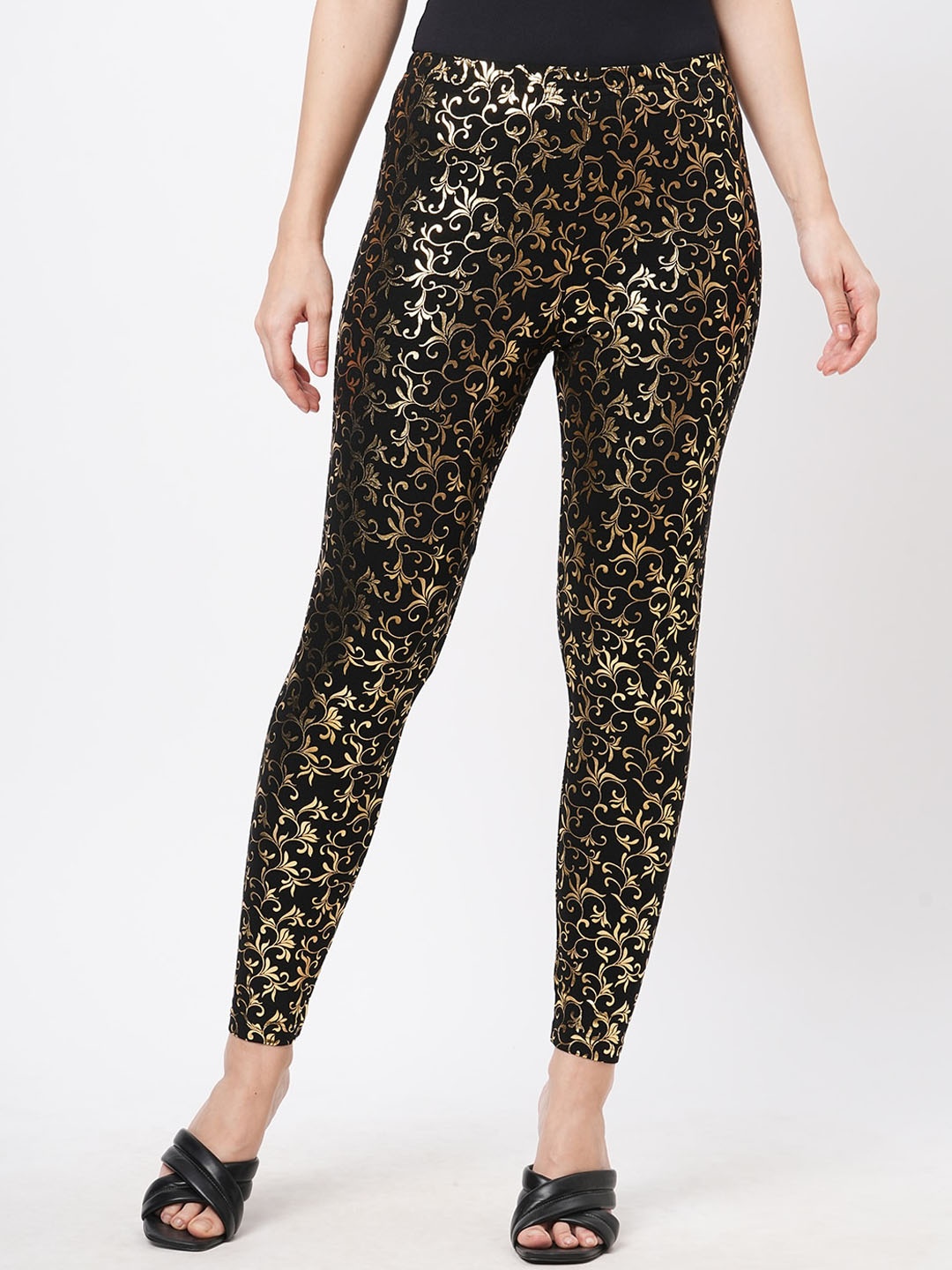 

Hashtag Be Floral Gold Printed Slim-Fit Ankle-Length Leggings, Black