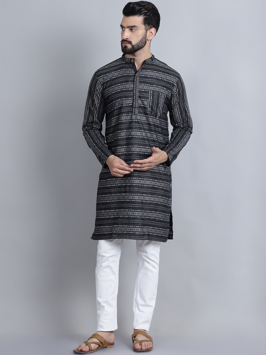 

Aarsha Striped Mandarin Collar Long Sleeves Cotton Kurta, Black