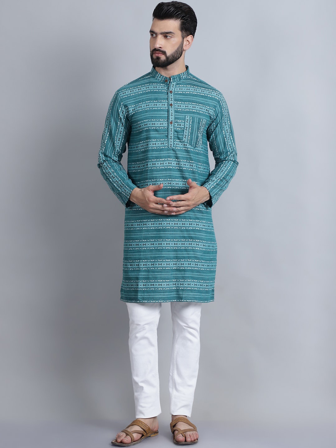 

Aarsha Striped Mandarin Collar Long Sleeves Cotton Kurta, Teal