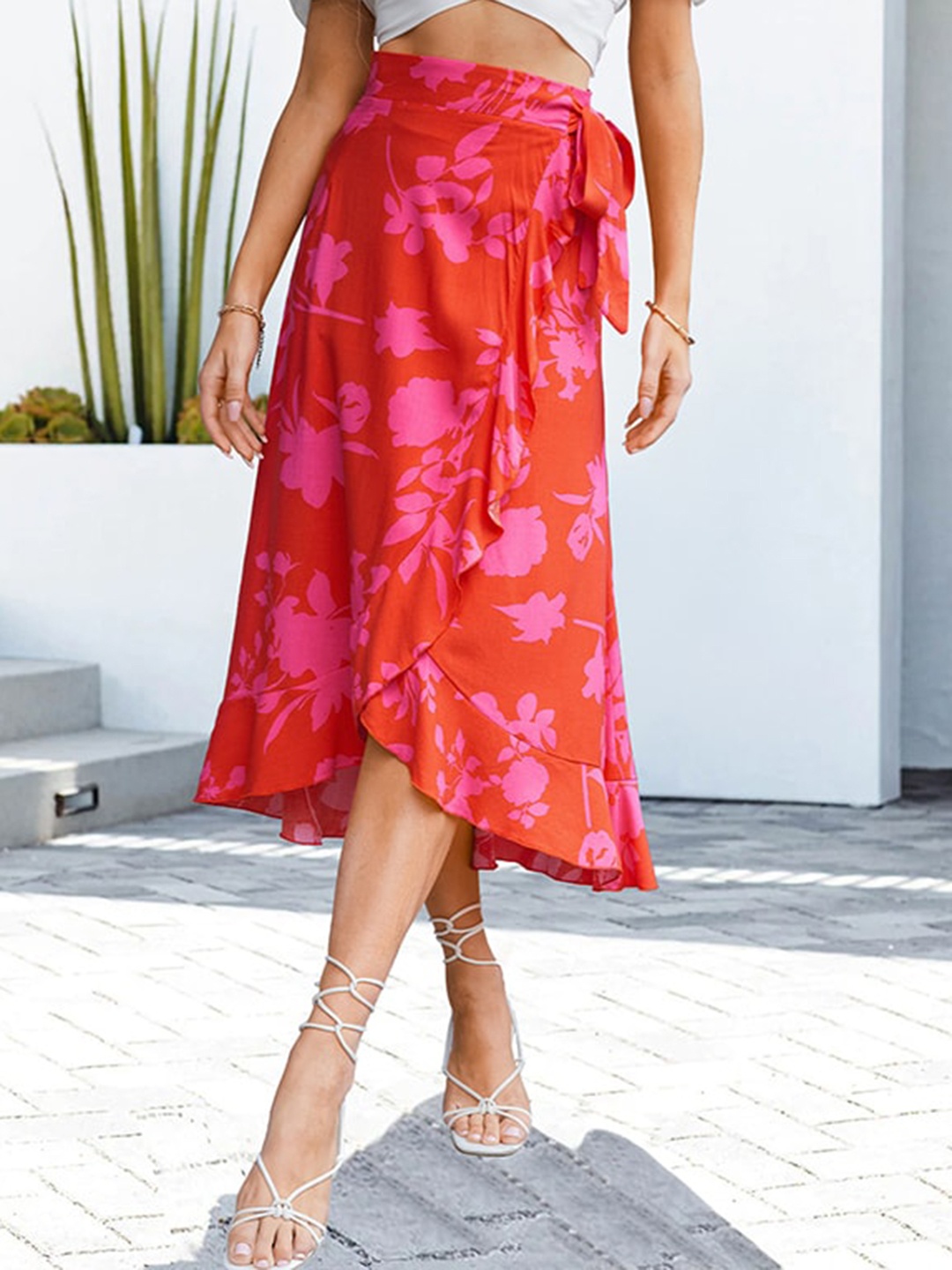 

StyleCast x Revolte Floral Printed Wrap Midi Skirts, Red
