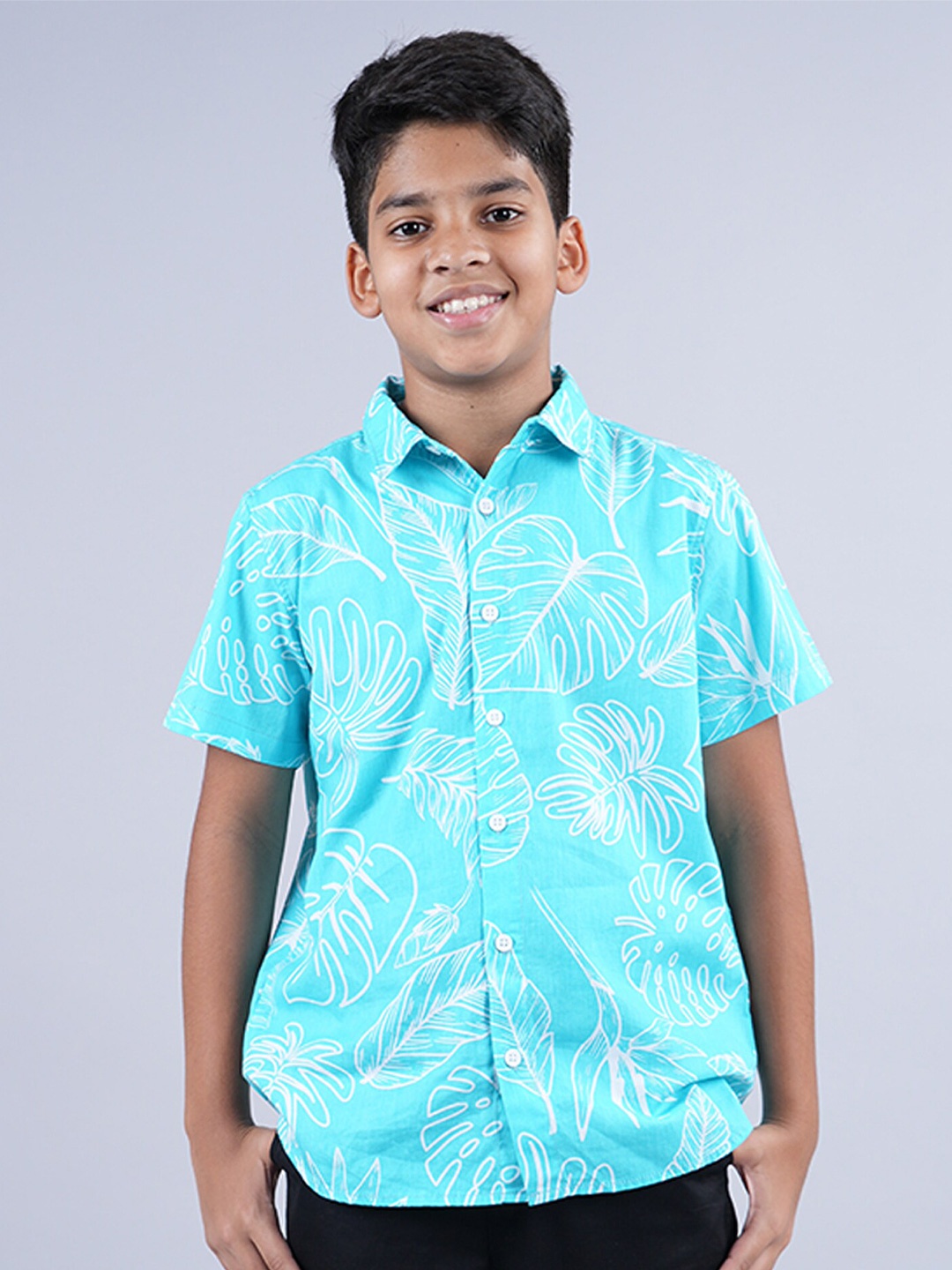 

KiddoPanti Boys Floral Printed Cotton Casual Shirt, Turquoise blue