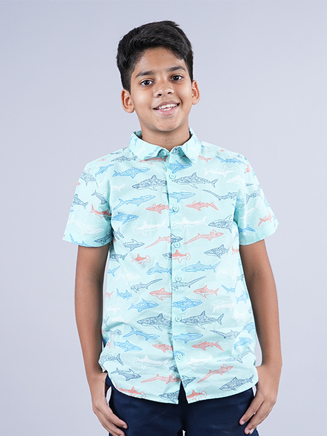 

KiddoPanti Boys Floral Printed Spread Collar Half Sleeve Cotton Shirt, Blue